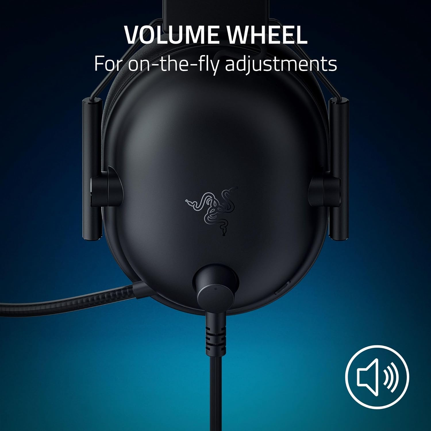 Black headset with volume wheel, microphone, and cable. Blue background.
