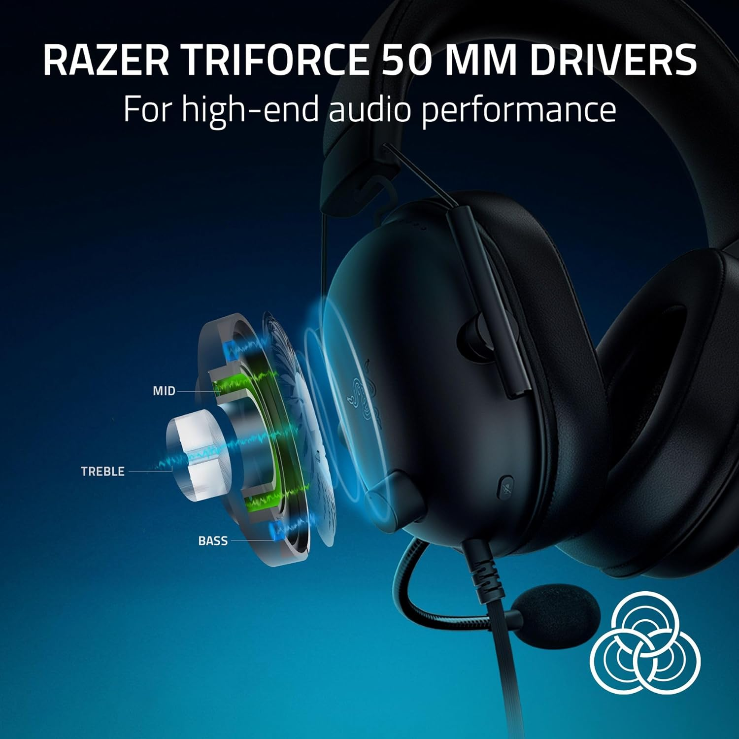 Black Razer headphones with audio details. Blue background with text.