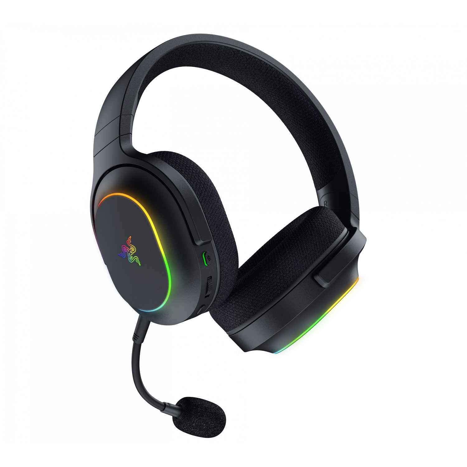 Black headset with colorful lighting. The Razer logo is visible.