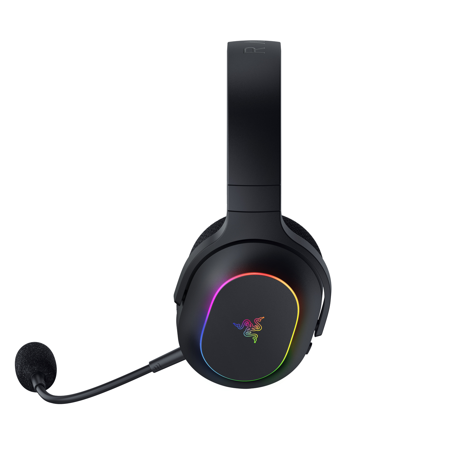 A black headset with a microphone, showing the Razer logo with rainbow colors.