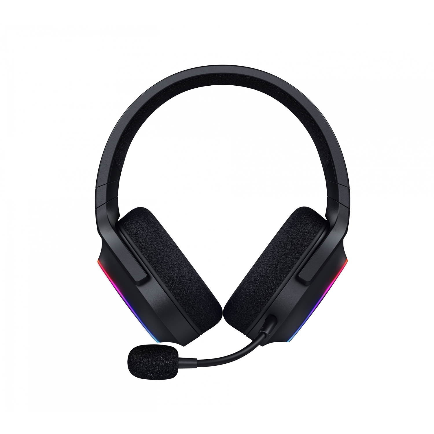 Black gaming headset with RGB lighting on the earcups and a microphone. White background.