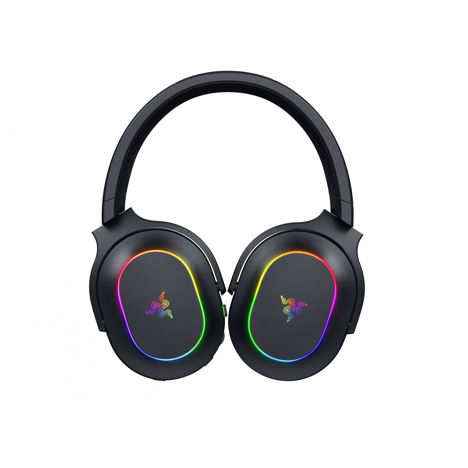 Black headphones with RGB lights on the earcups. Razer logo is visible.