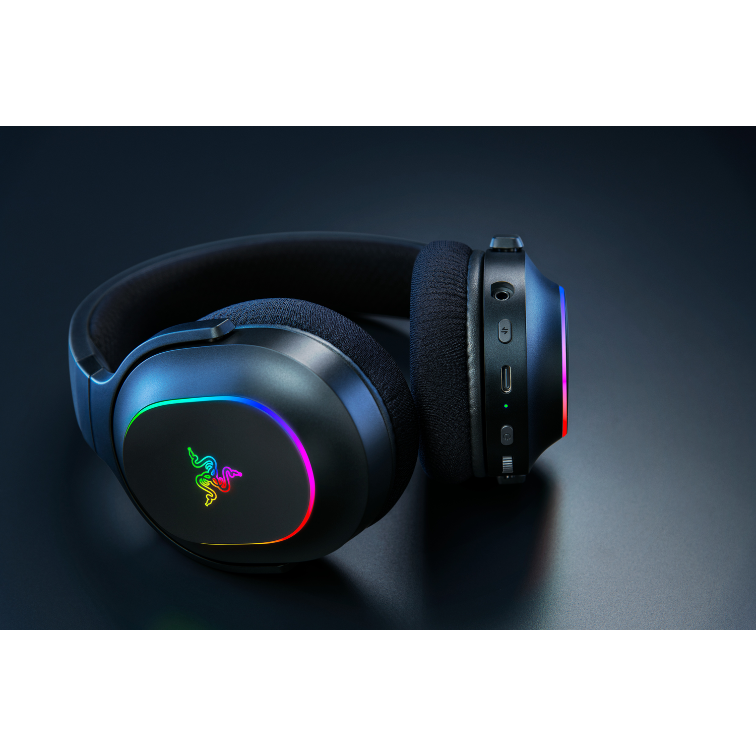 Razer gaming headset, black with RGB lighting on the earcups.