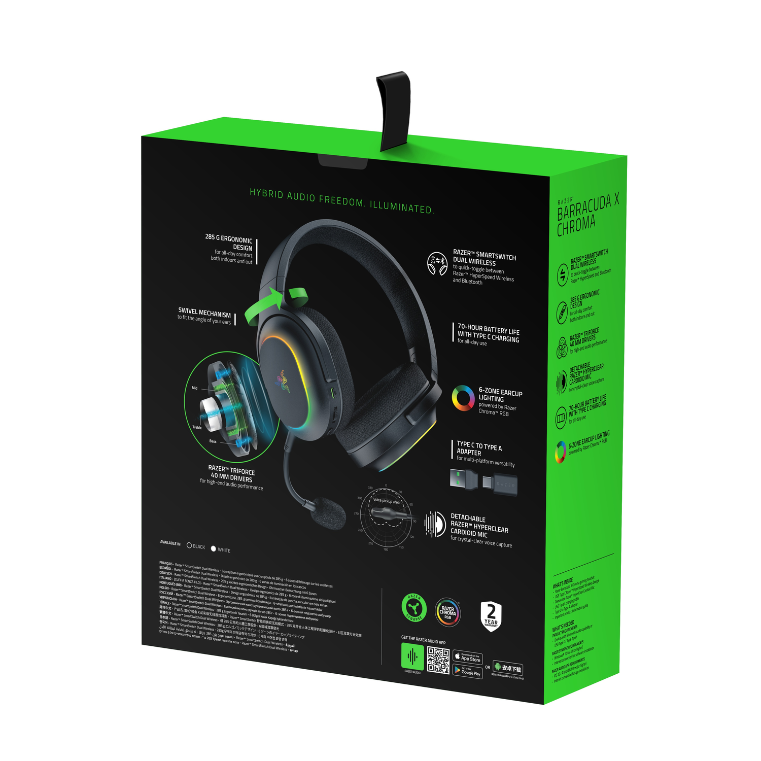 A box with a headset on it. The box is green and black with information on it.