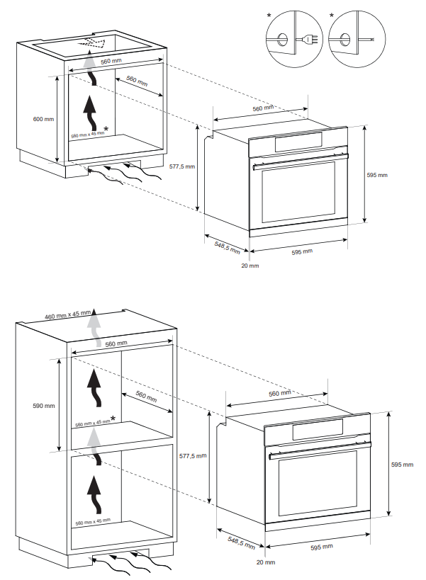 Sütő beépítési méreteit bemutató diagramok. Fehér háttér, méretek mm-ben.