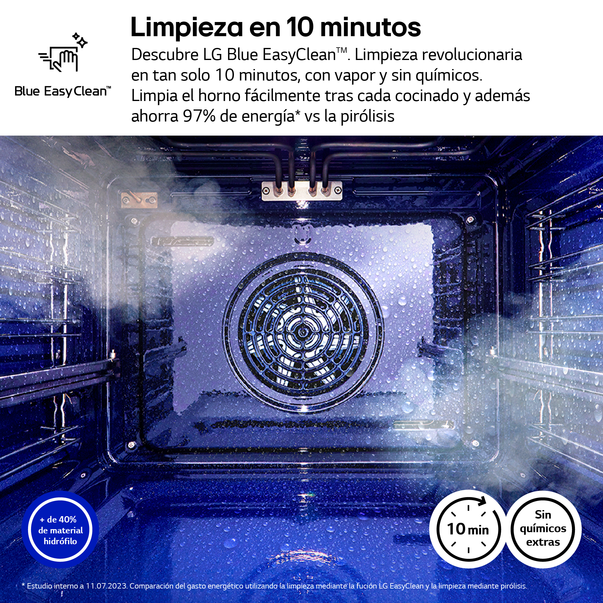 Interior de un horno azul. Hay vapor dentro. Texto arriba a la izquierda e iconos.
