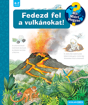Könyvborító vulkánnal, lávával és majommal. Szöveg magyarul.