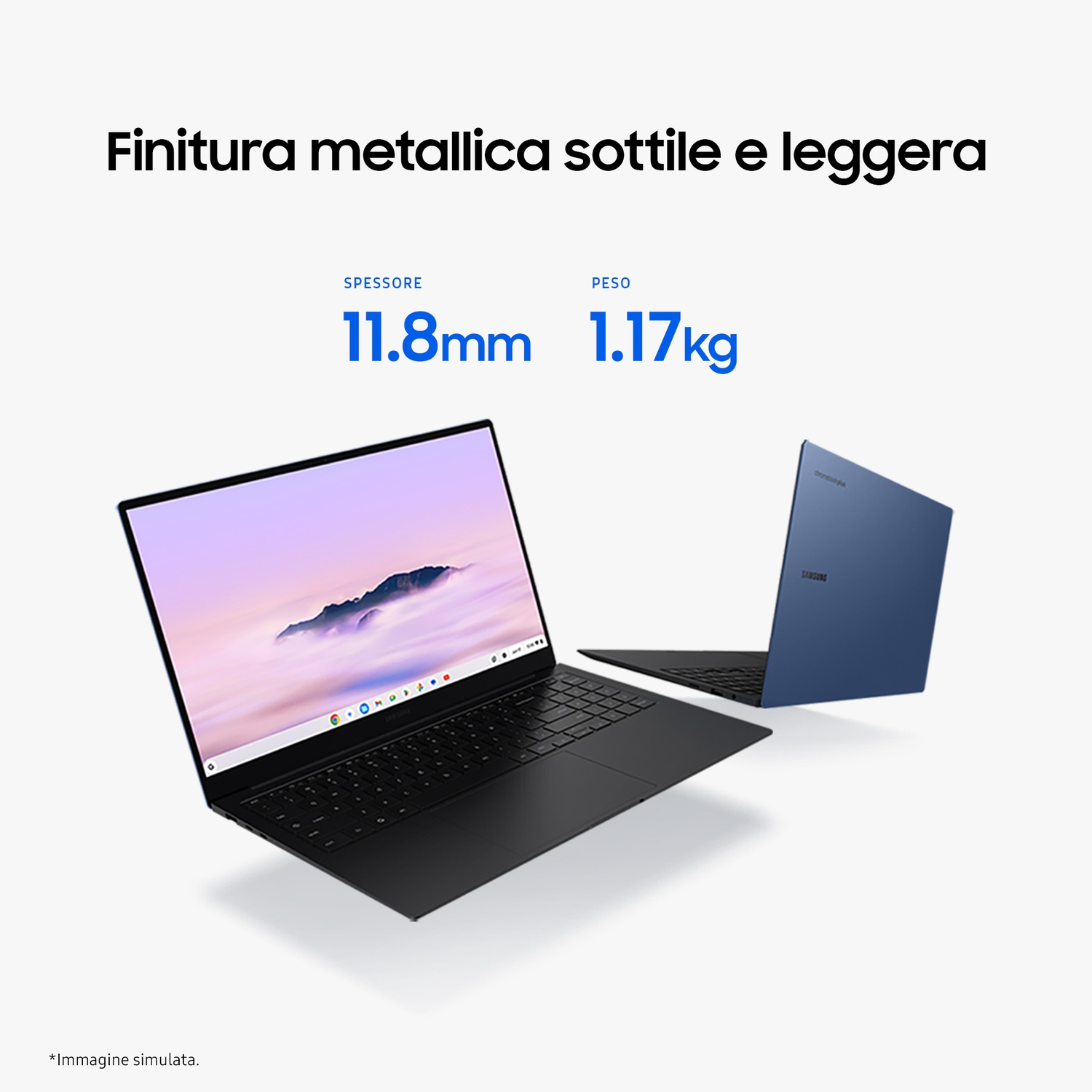 Due laptop neri e blu affiancati, con una descrizione del peso e dello spessore.