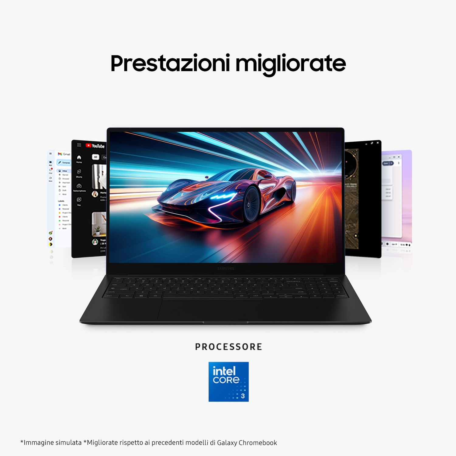 Laptop nero con più finestre di applicazioni. Testo: 'Prestazioni migliorate'. Processore: Intel Core i3.