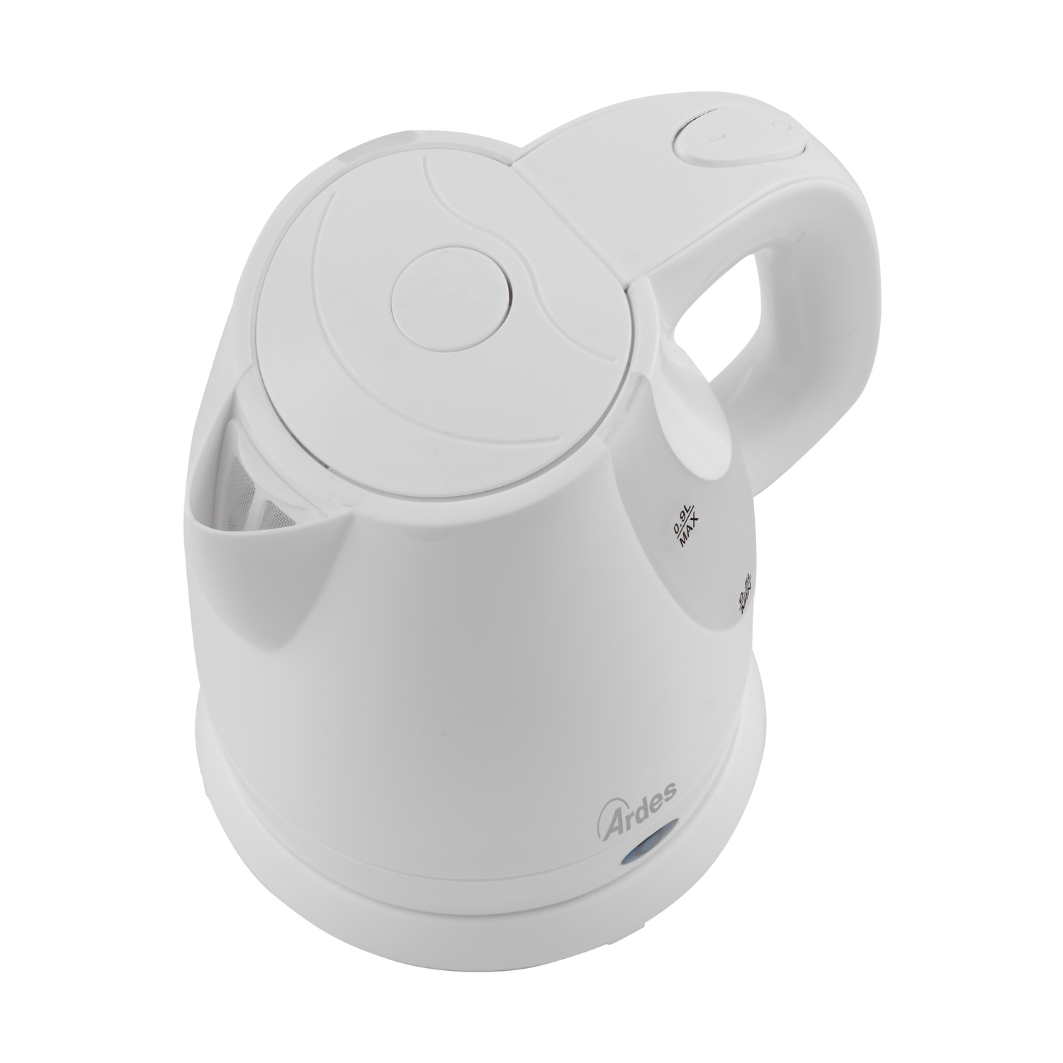 Un bollitore elettrico bianco con manico e beccuccio.