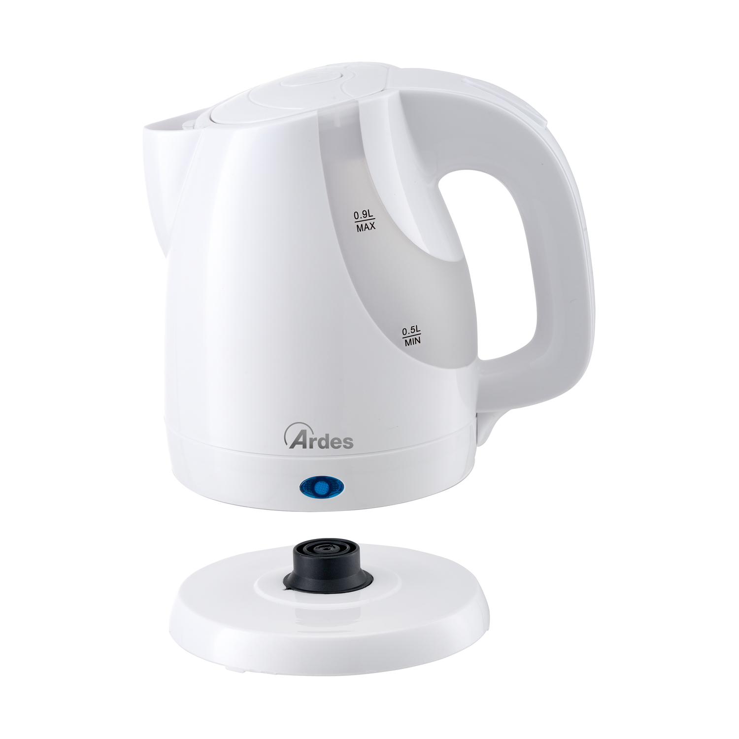 Bollitore elettrico bianco con manico e base staccata. Il bollitore ha indicatori del livello dell'acqua.