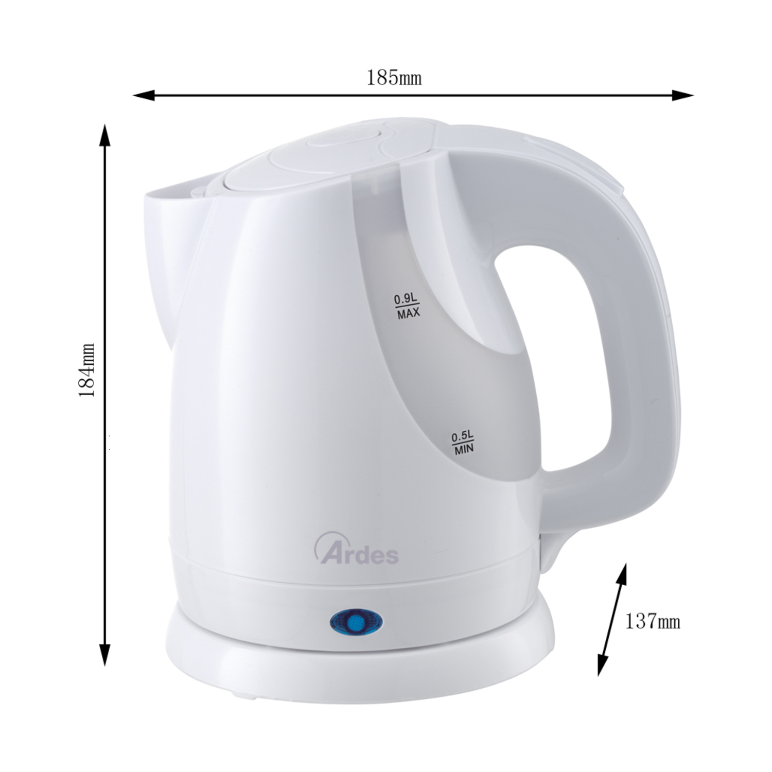 Bollitore elettrico bianco con dimensioni indicate. Ha un manico, un beccuccio e un indicatore di alimentazione blu.