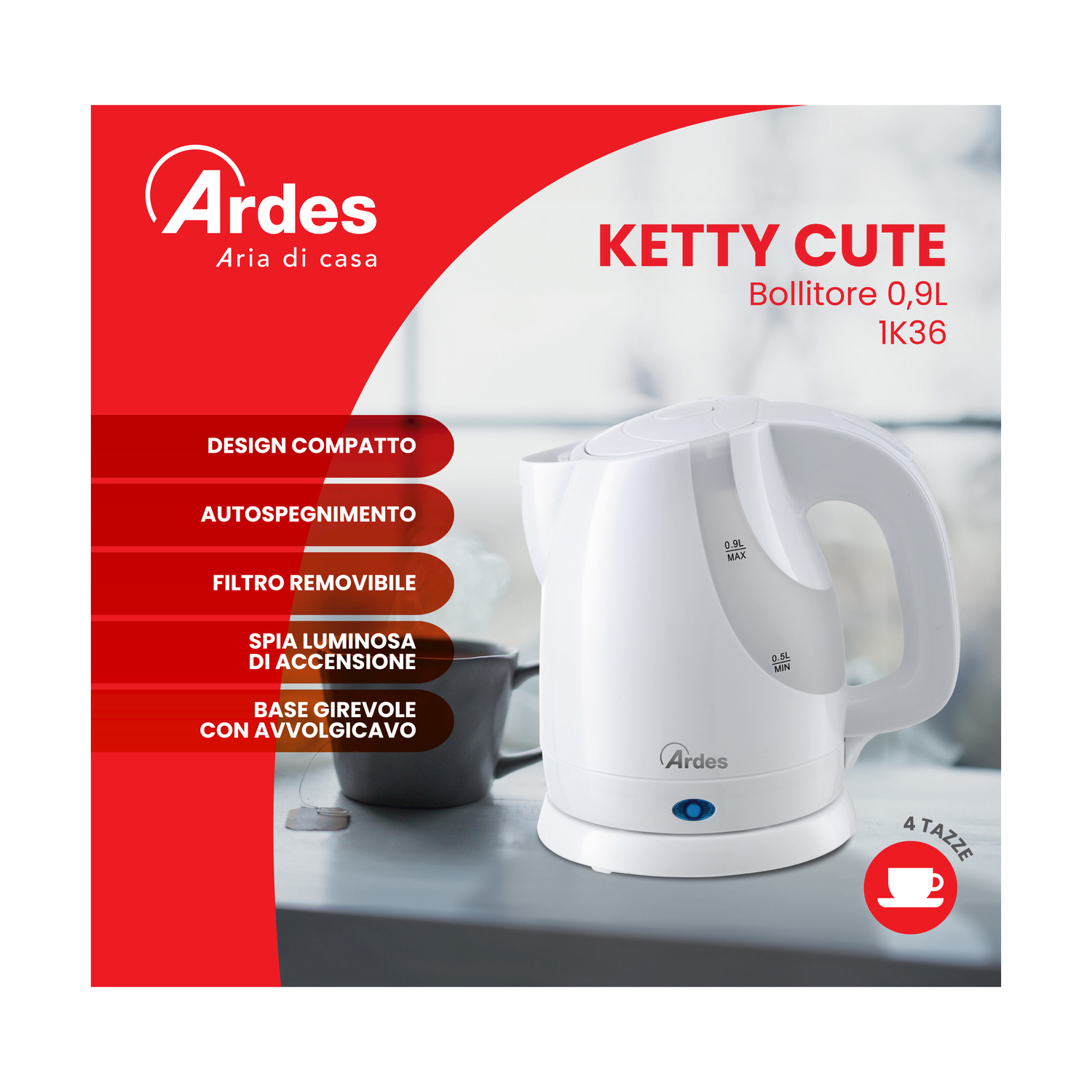 Bollitore bianco con tazza nera a sinistra. Testo: 'Ketty Cute', '4 tazze'.