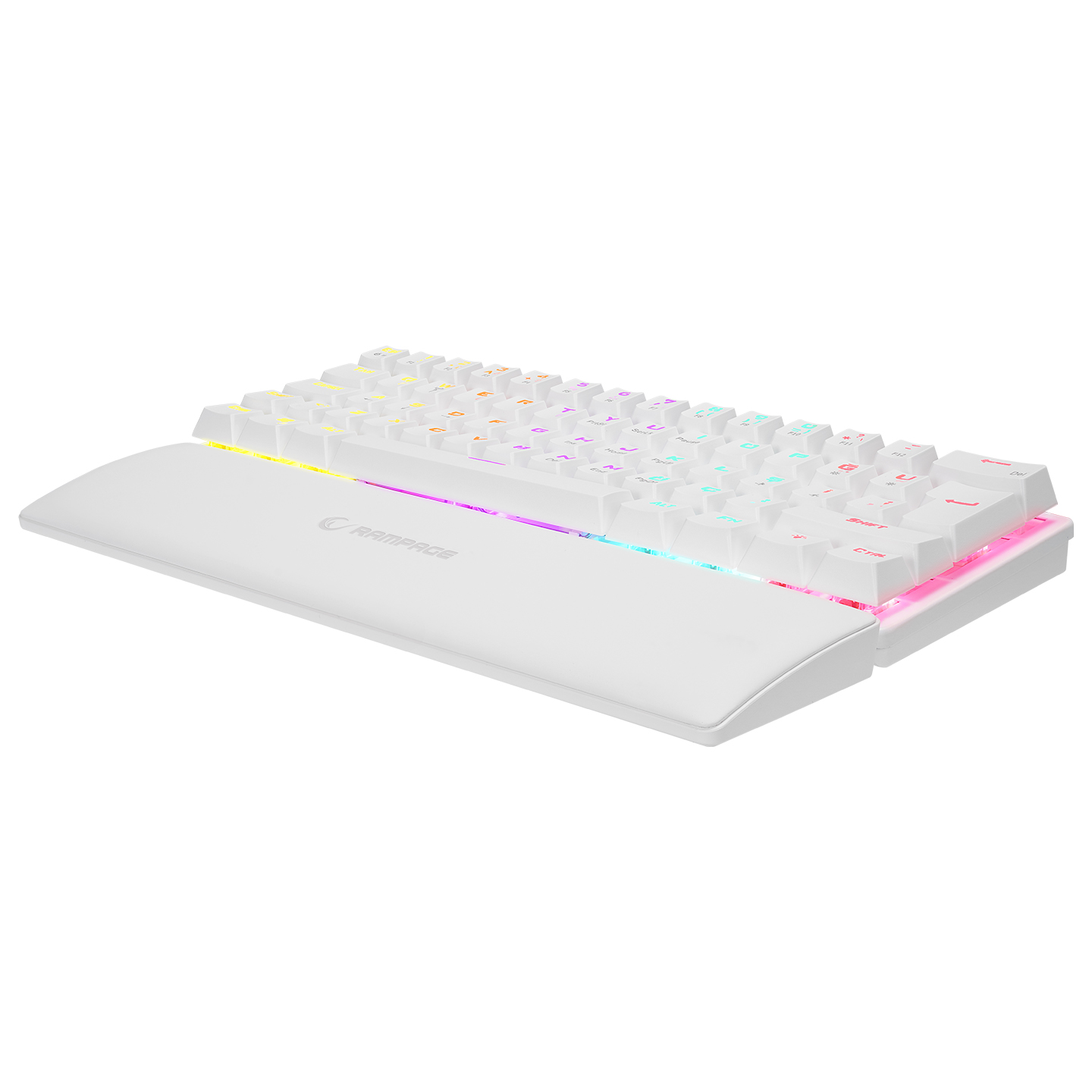 Aydınlatmalı tuşlara ve bilek desteğine sahip beyaz klavye.