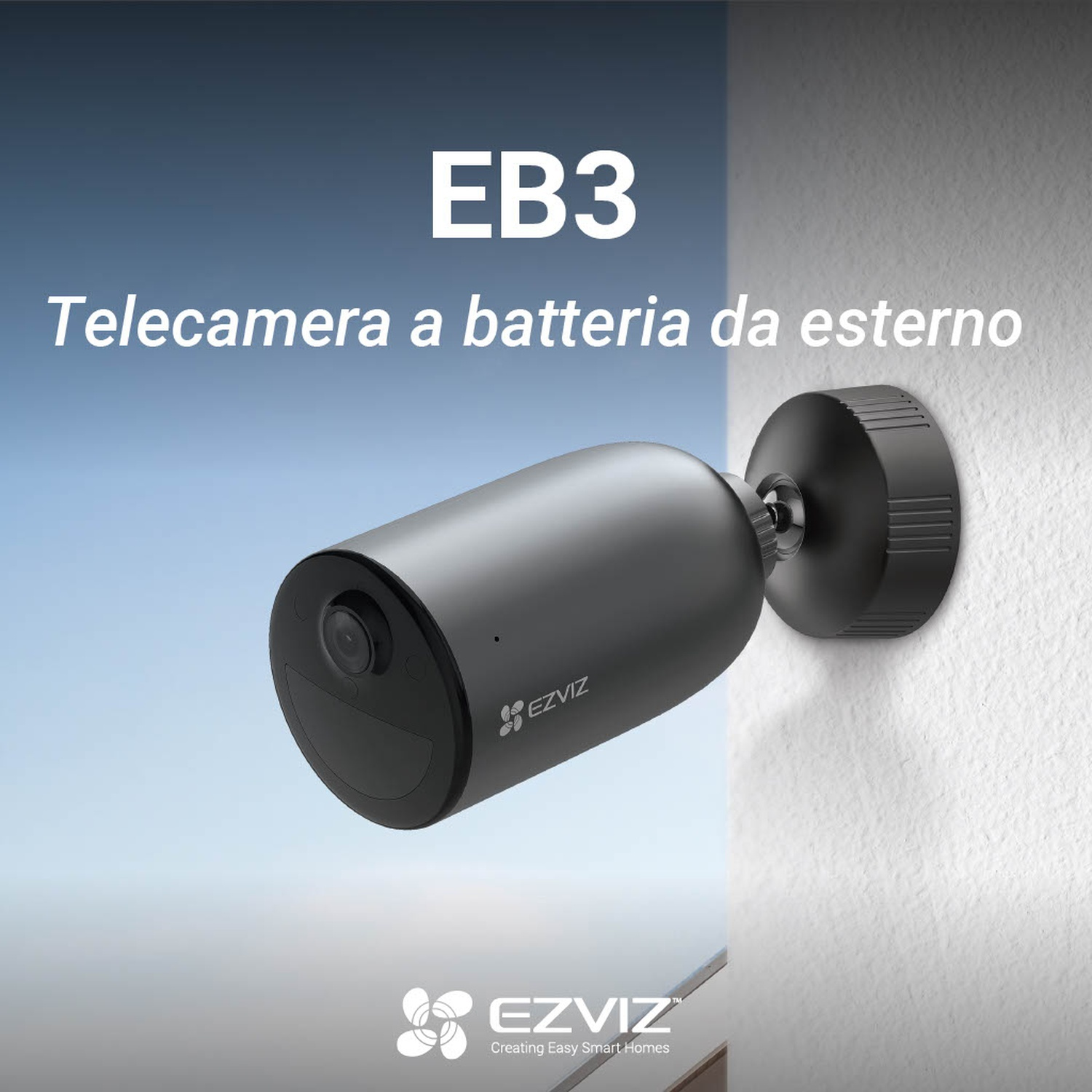 Una telecamera di sicurezza esterna nera è montata su un muro bianco.