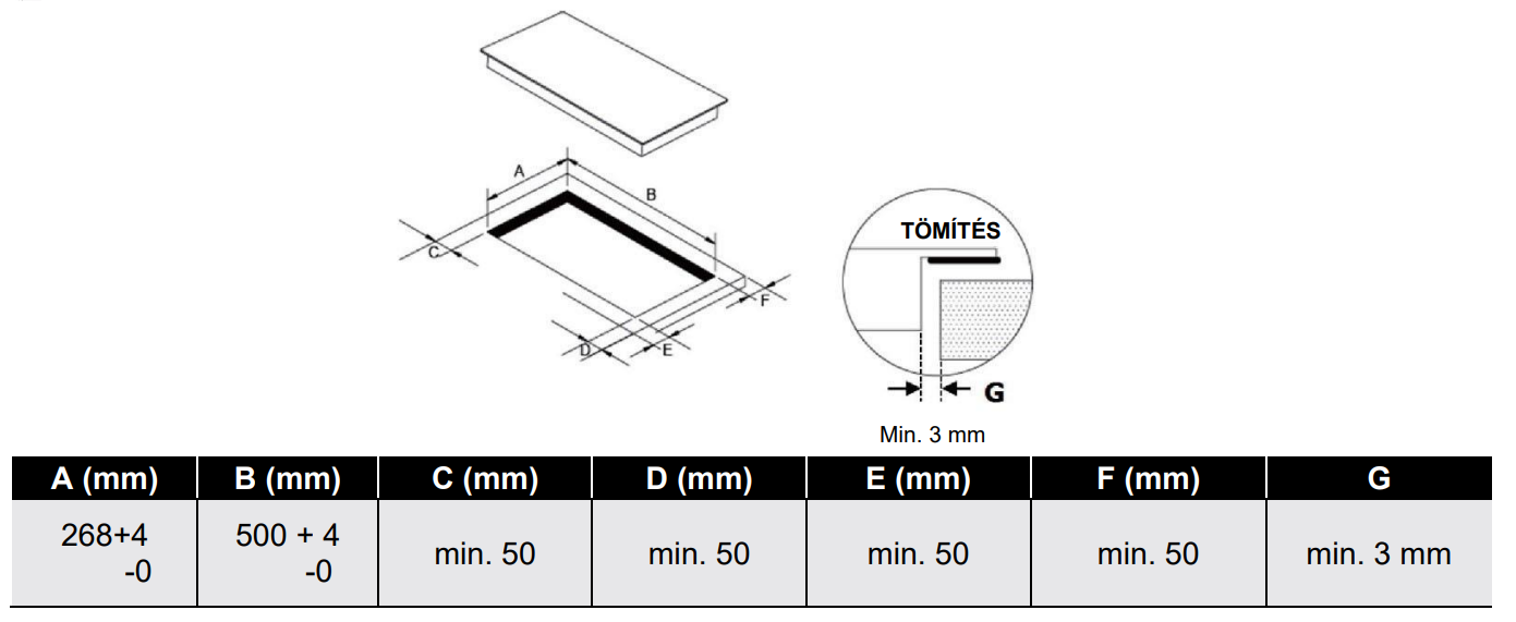 A diagram a téglalap alakú forma méreteit mutatja milliméterben, táblázatokkal.