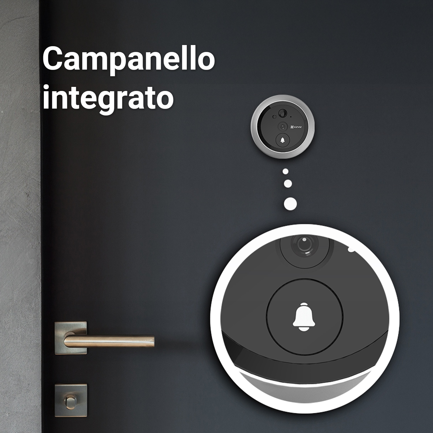 Un campanello nero su una porta scura. Un primo piano del pulsante.
