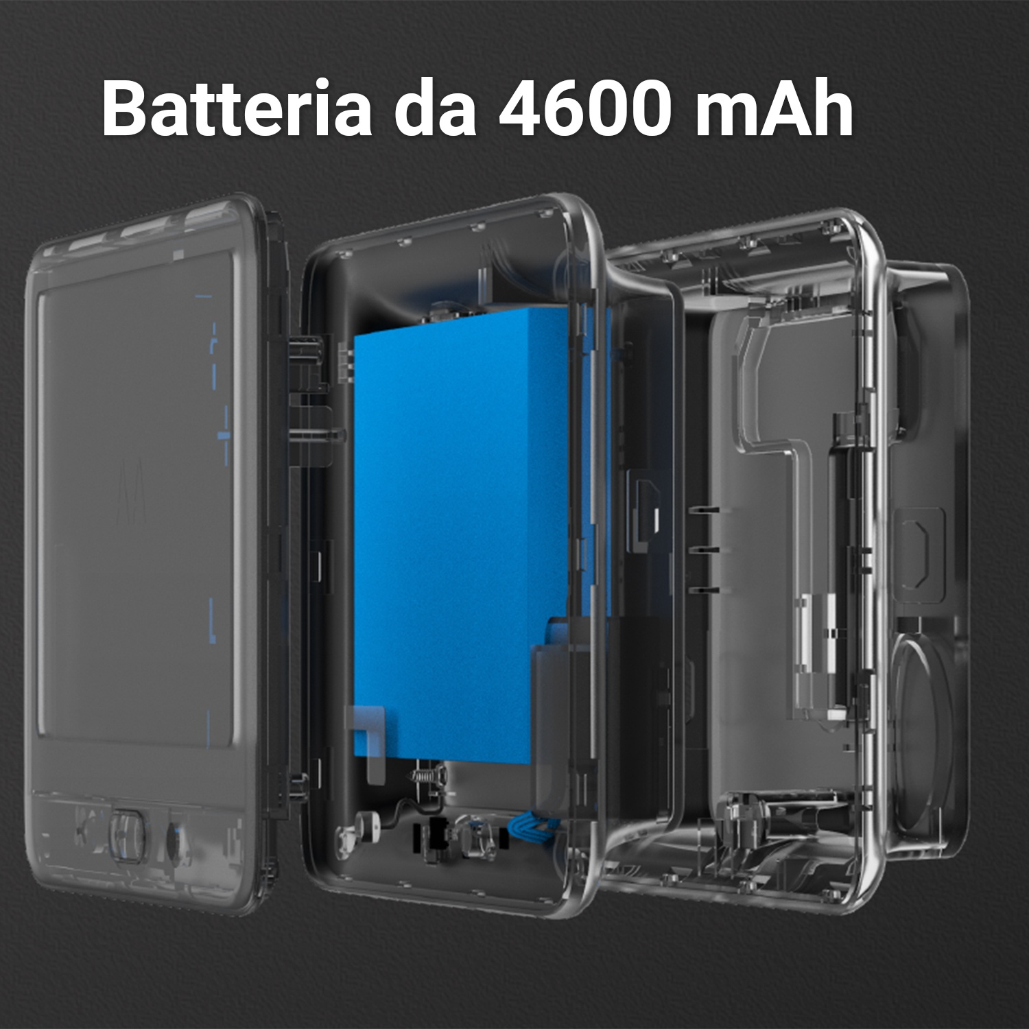 Vista esplosa di un dispositivo che rivela una batteria blu, mostrando componenti interni e struttura.