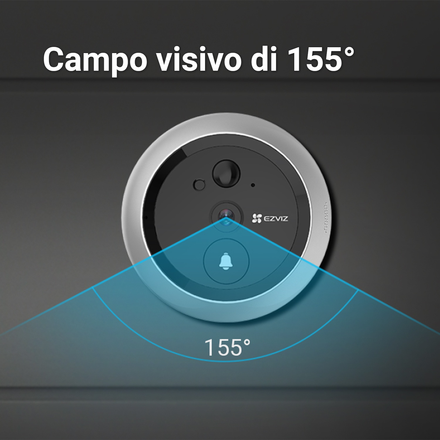 Una telecamera di sicurezza con un'ampia visuale di 155 gradi visualizzata su una superficie grigia.