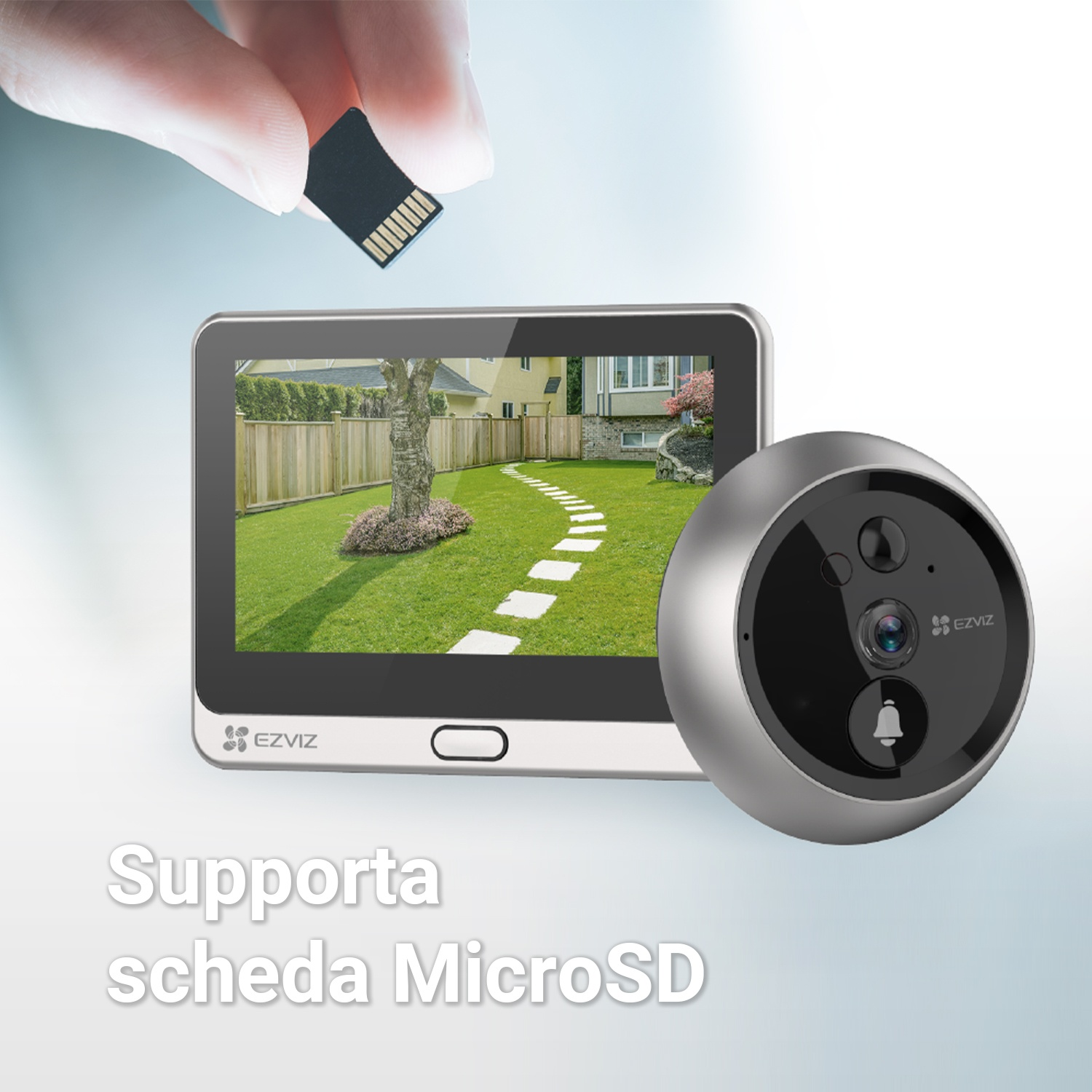 Una telecamera di sicurezza e un tablet con una scheda SD.