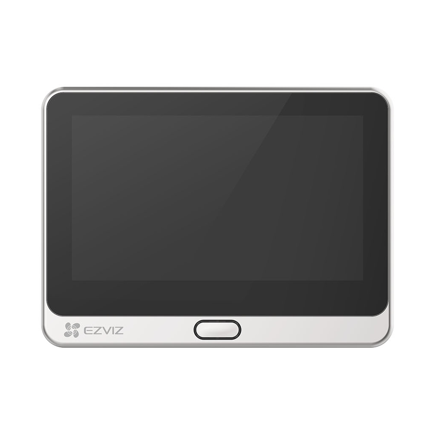 Un dispositivo per la smart home EZVIZ argento e nero con uno schermo.