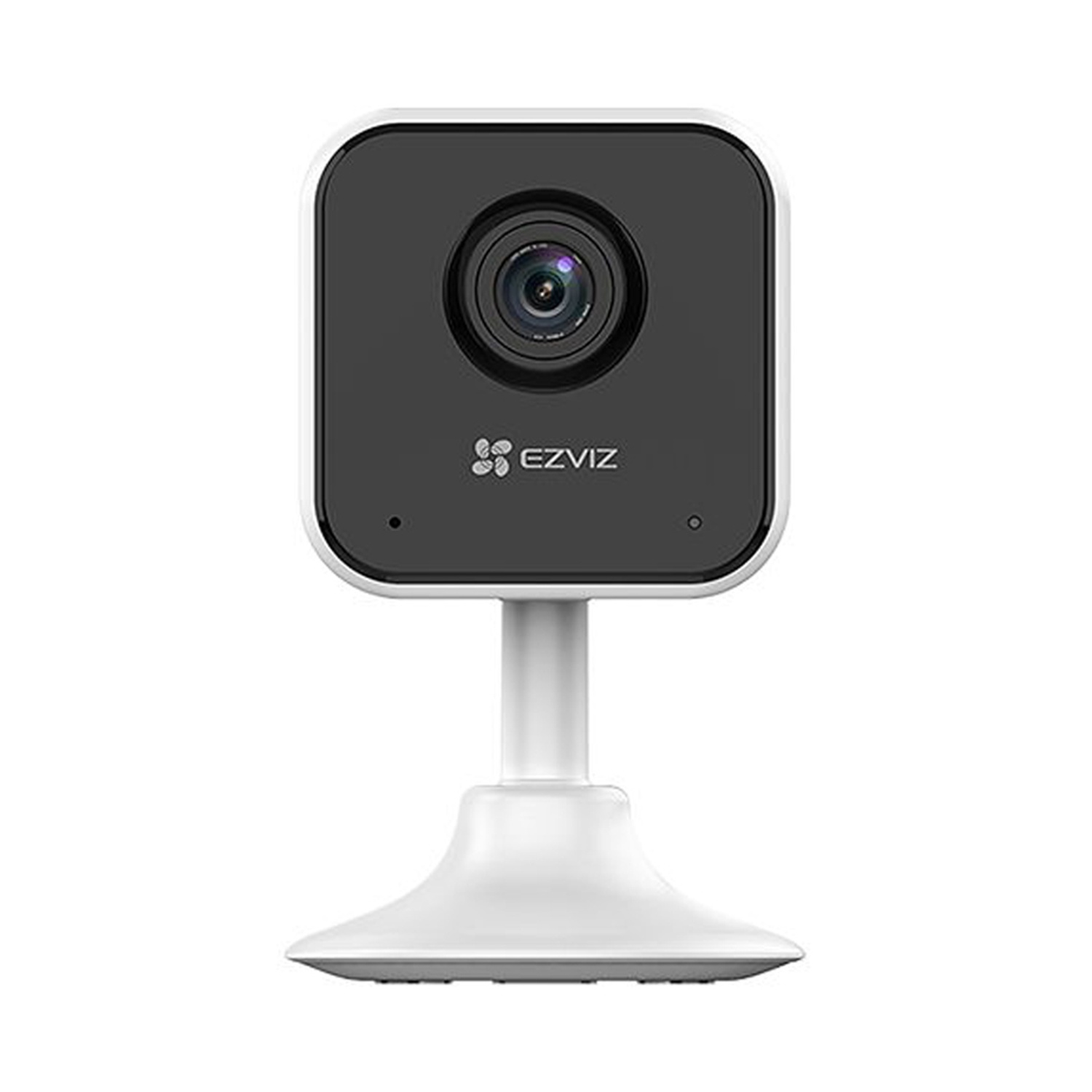 Telecamera di sicurezza EZVIZ in bianco e nero. La fotocamera è su un supporto bianco.