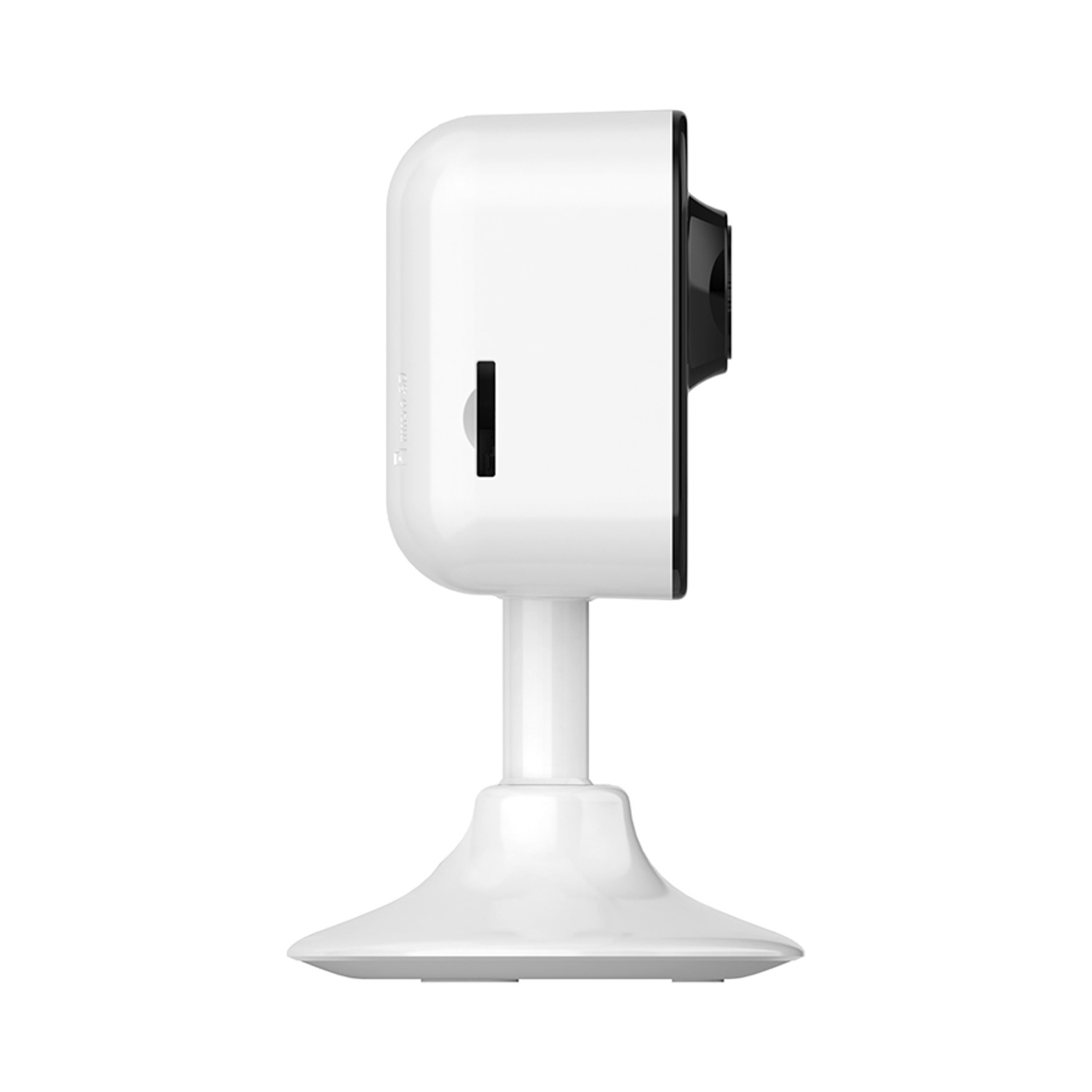 Una telecamera di sicurezza bianca su un supporto bianco. L'obiettivo della fotocamera è nero e angolato lateralmente.