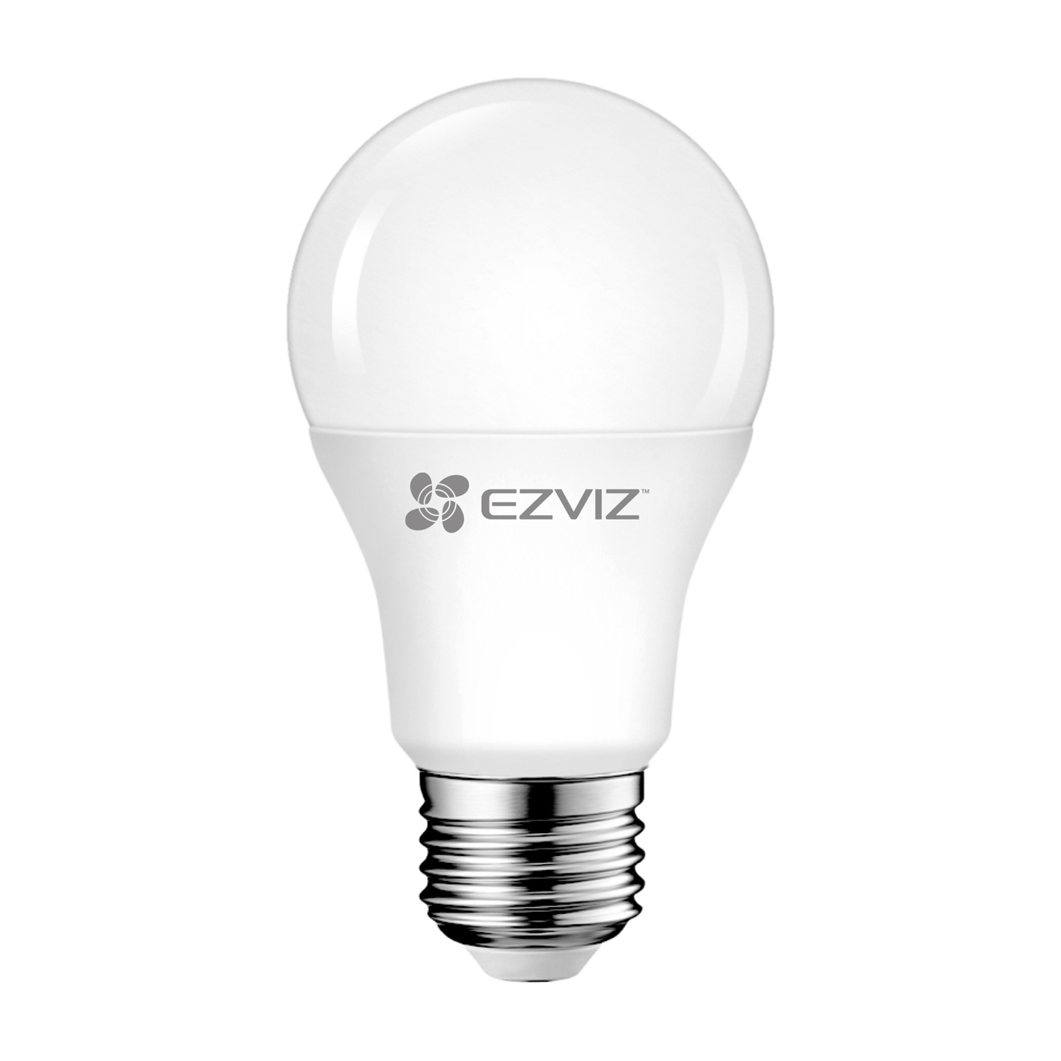 Una lampadina LED EZVIZ bianca, a forma di uovo, con base argentata e il logo EZVIZ.