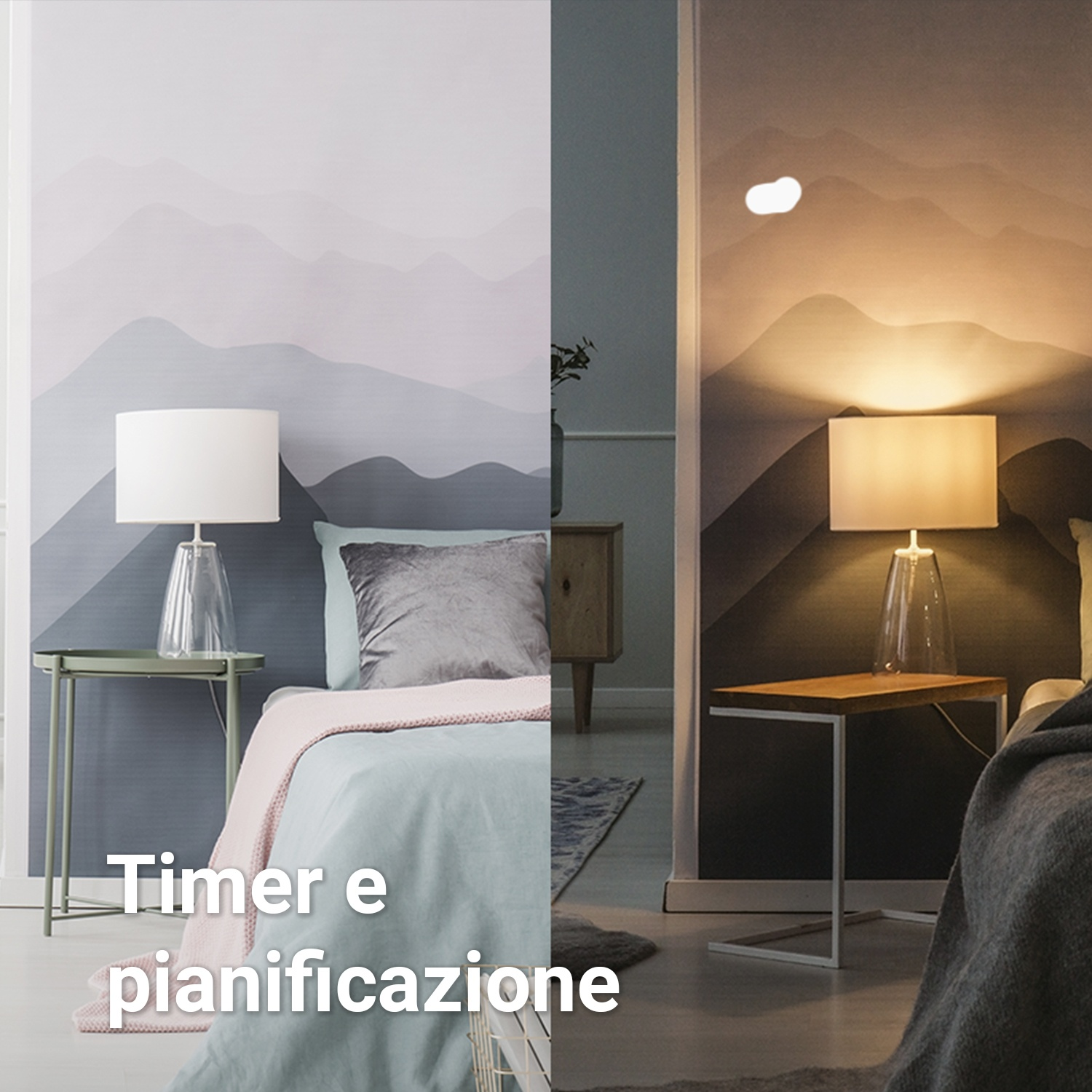 Un'immagine divisa di una camera da letto, scena giorno vs notte con una lampada sul comodino.