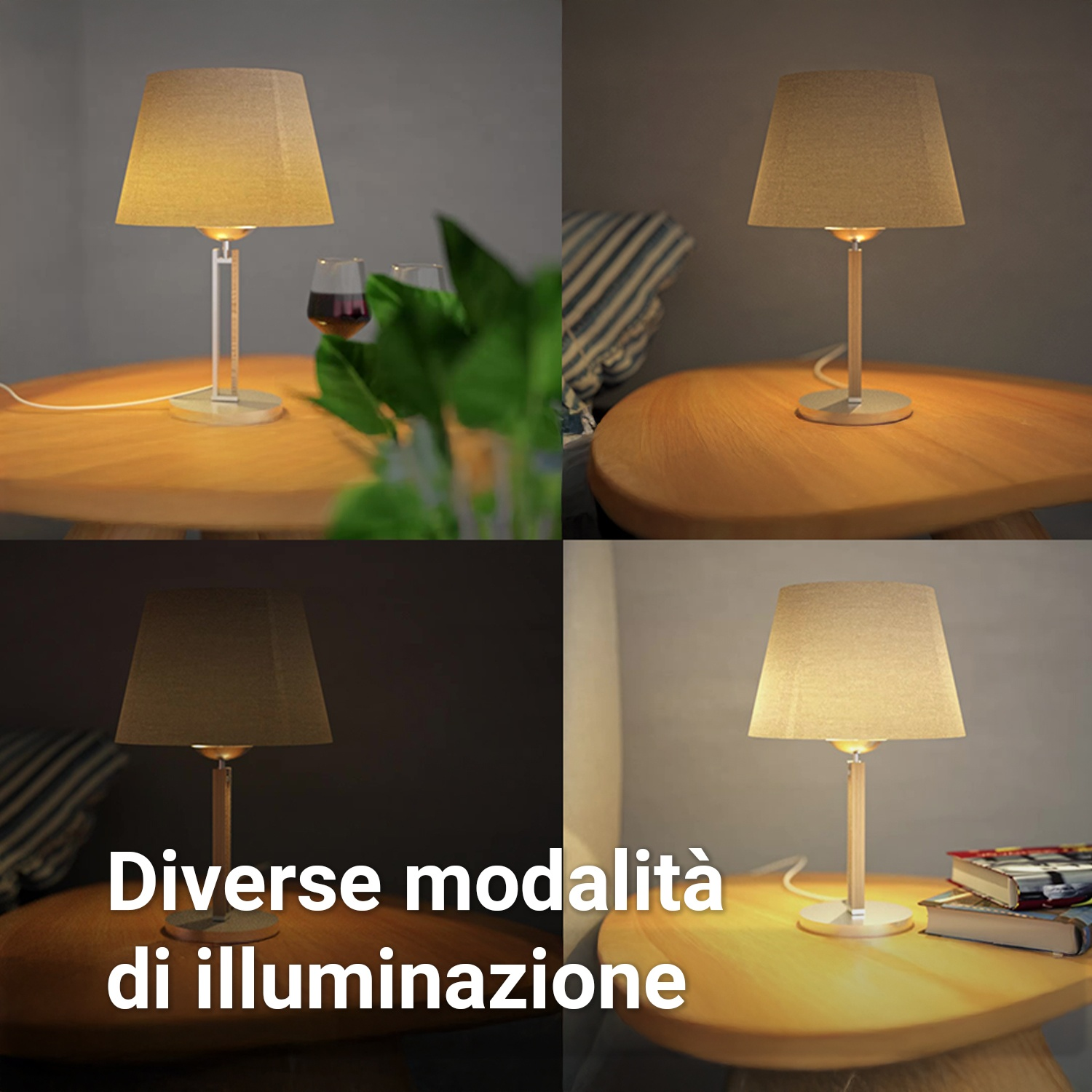 Una lampada su un tavolo, con diverse impostazioni di illuminazione visualizzate.