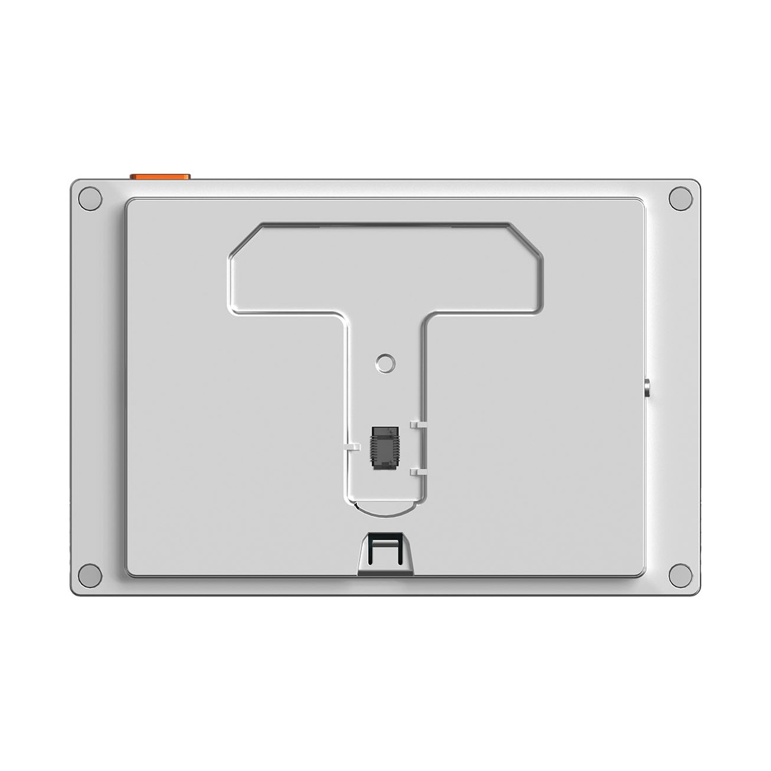 Un dispositivo rettangolare bianco con un design a forma di T sulla parte superiore e diversi cerchi e una porta.