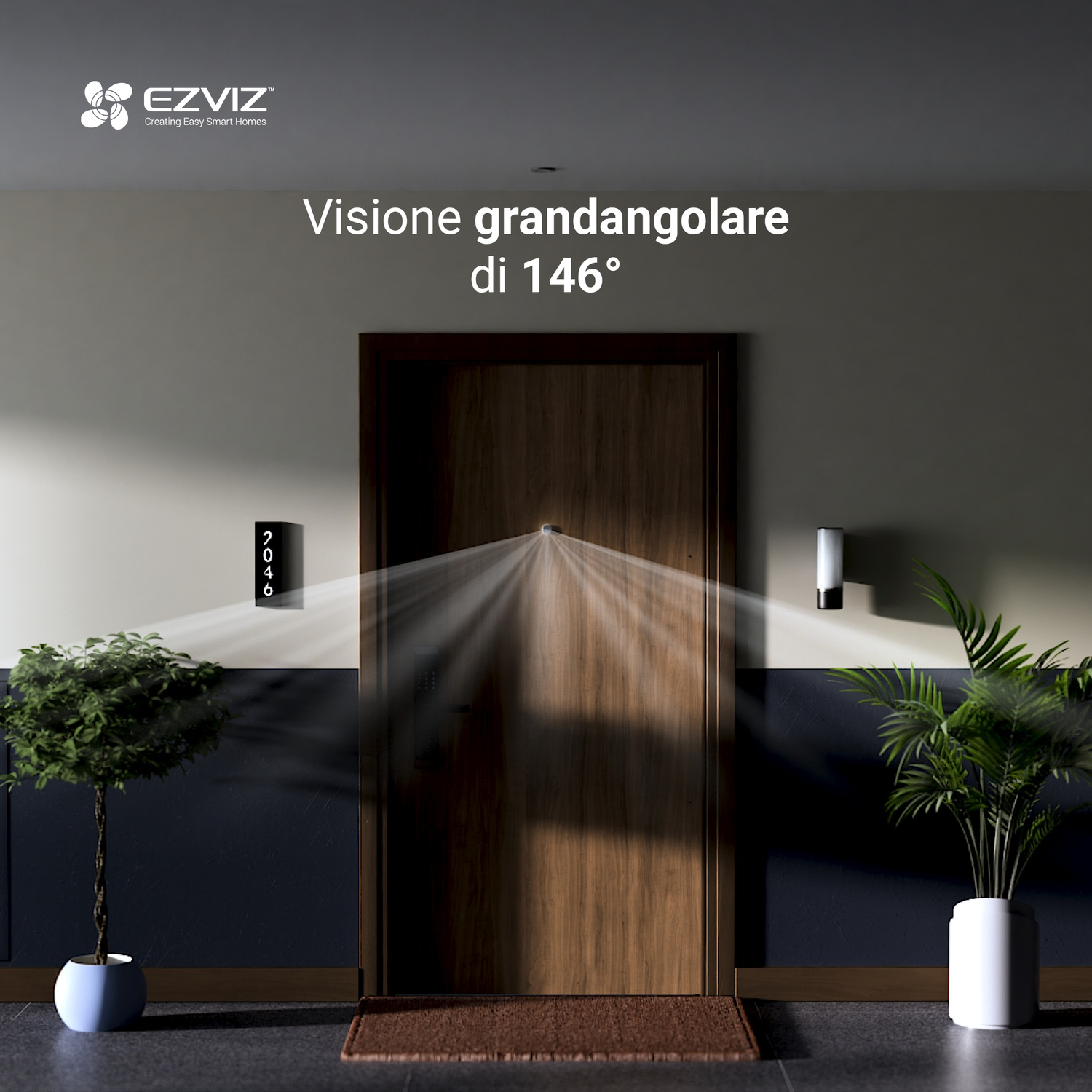 Una porta con un campanello intelligente. Proiezione di luce dal campanello. Una pianta su ogni lato.