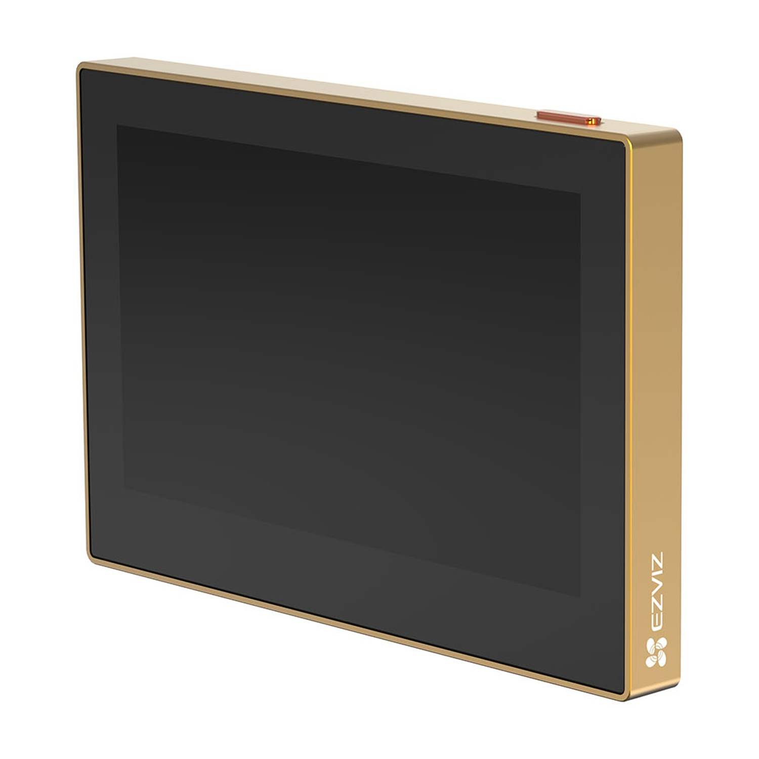 Schermo color oro con display nero. Cornice dorata con un piccolo pulsante. Logo EZVIZ laterale.