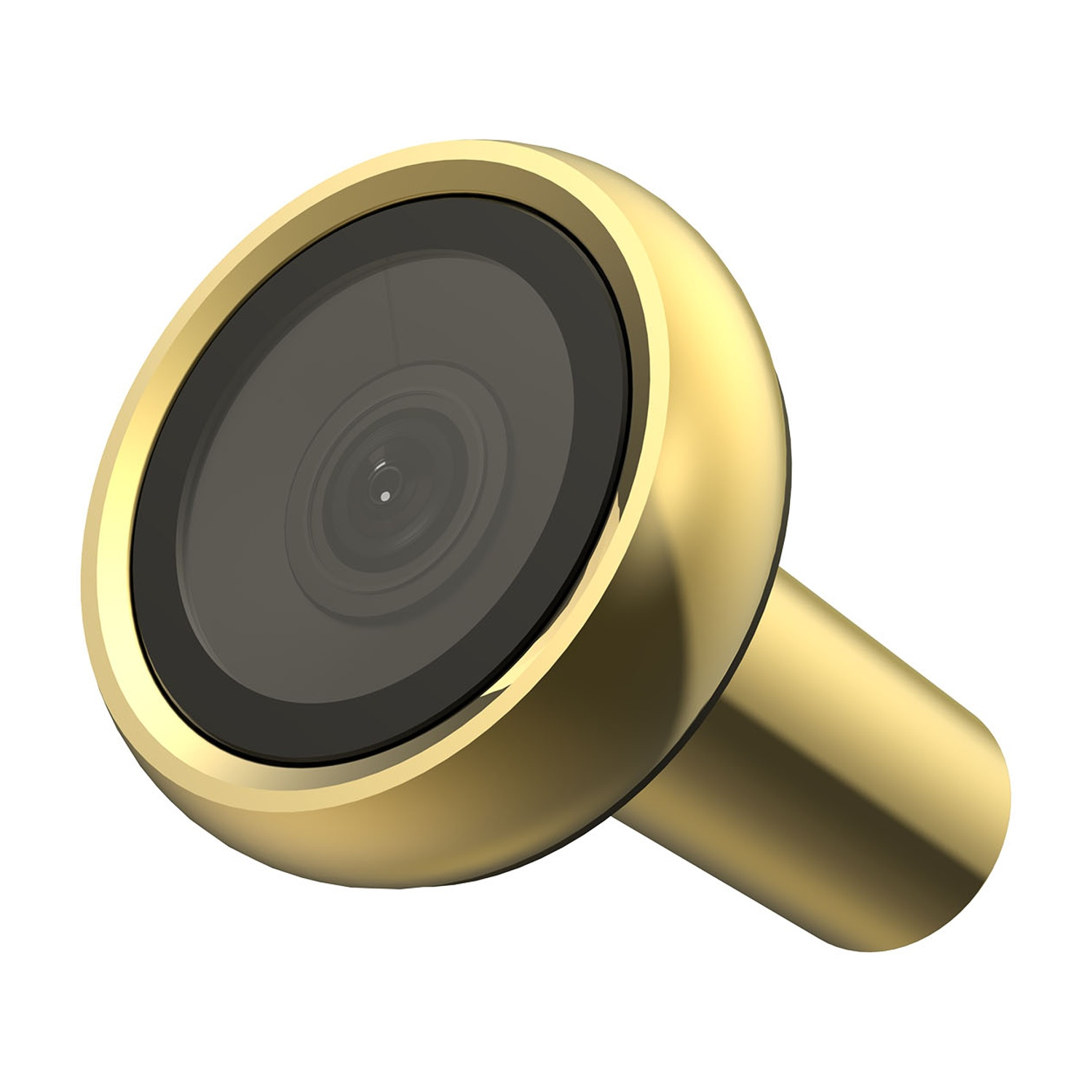 Un obiettivo dorato con interno scuro, montato su uno stelo dorato.