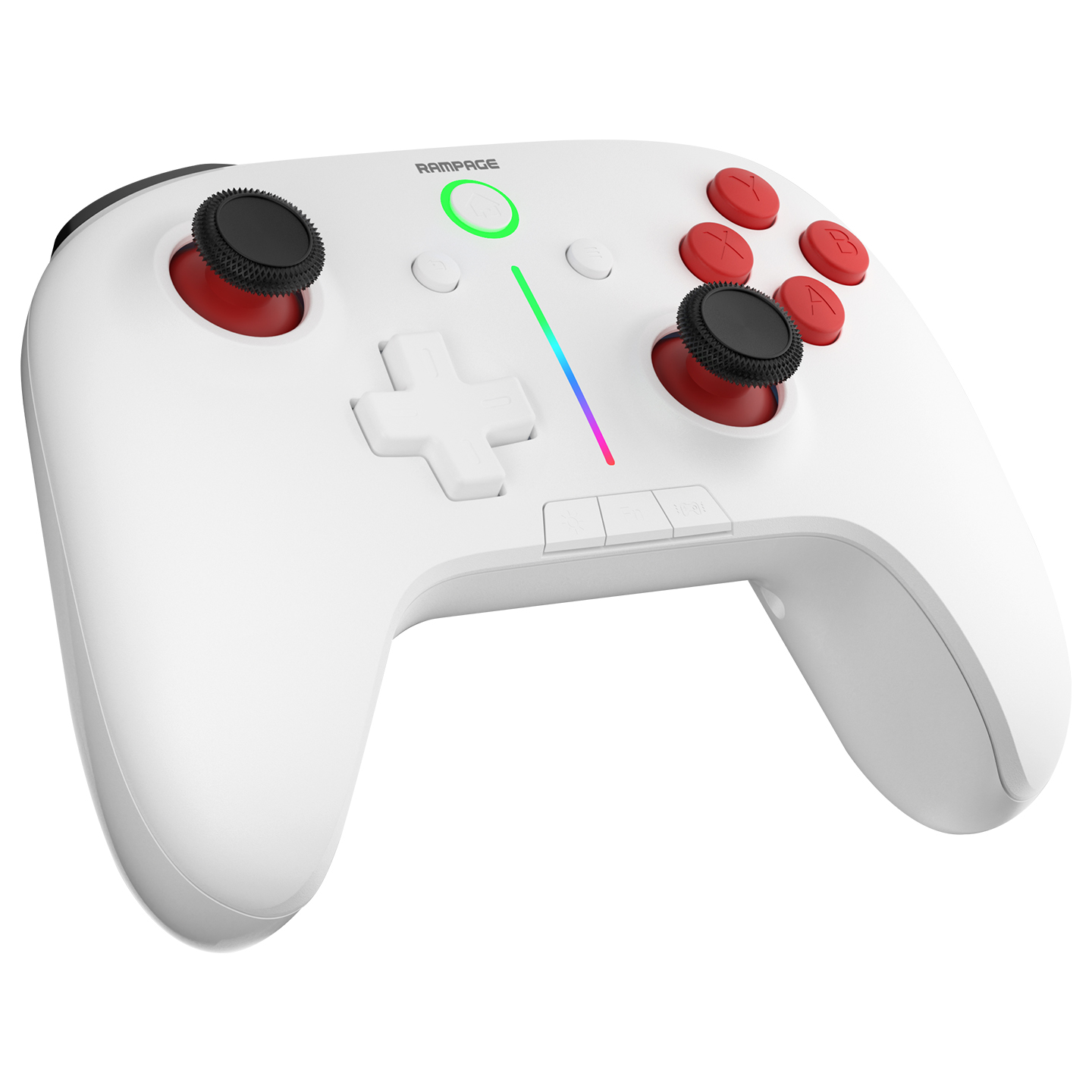 Kırmızı düğmeli ve siyah joystickli beyaz Rampage oyun kumandası, gökkuşağı renkli bir ışıkla.
