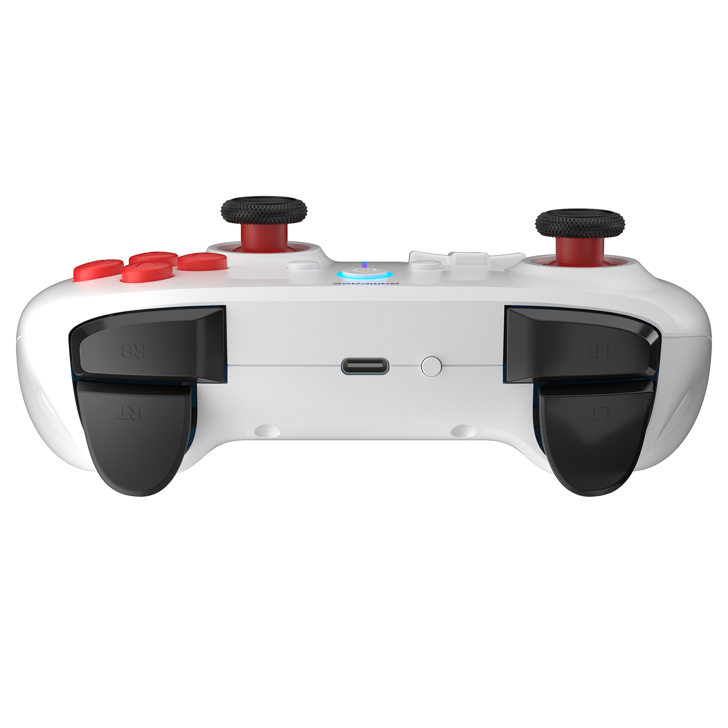 Kırmızı düğmeli ve siyah joystick başlıklarına sahip beyaz bir oyun kumandası, yukarıdan görünüm.