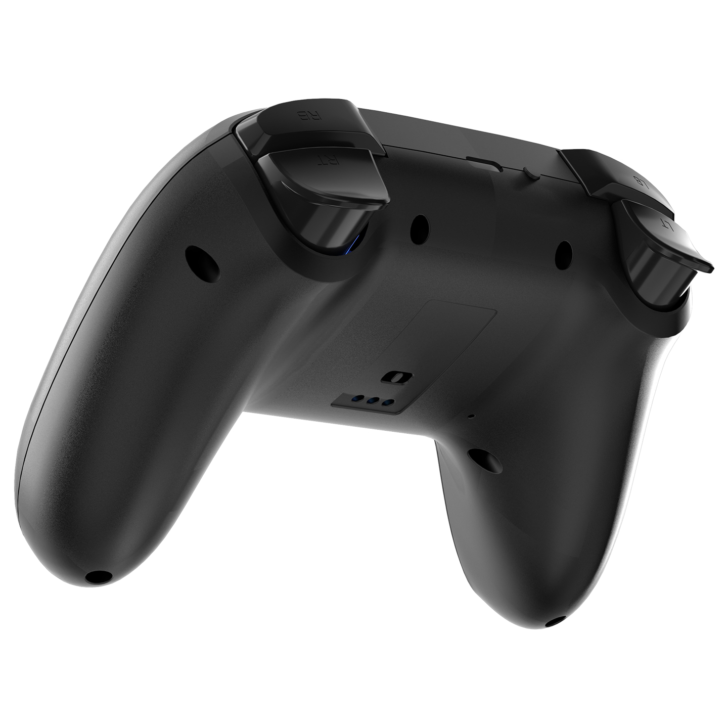 Siyah gamepad, arka görünüm. İki tetik, düğmeler ve bir logo cihazda görünür.