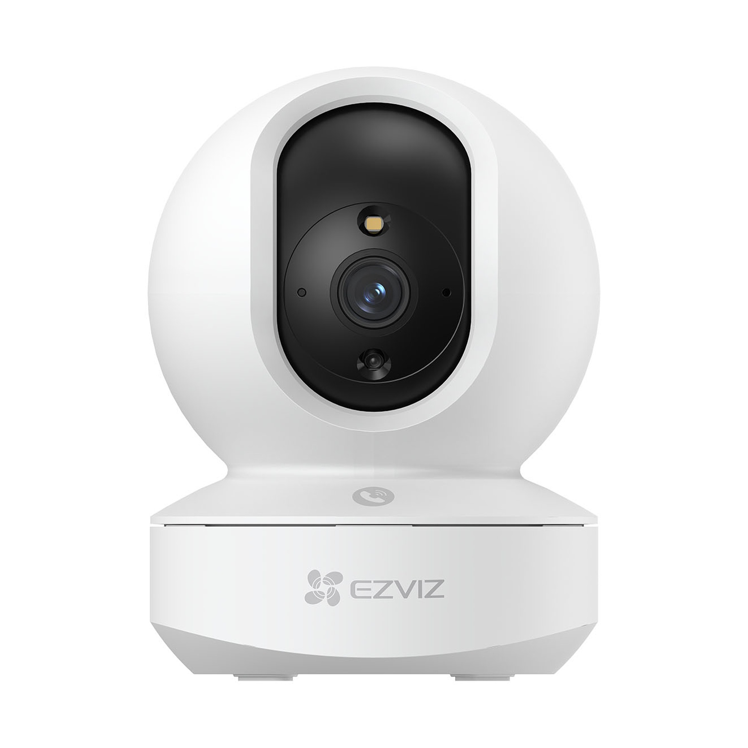 Una telecamera di sicurezza bianca con la parte superiore rotonda e una base bianca con il logo EZVIZ.