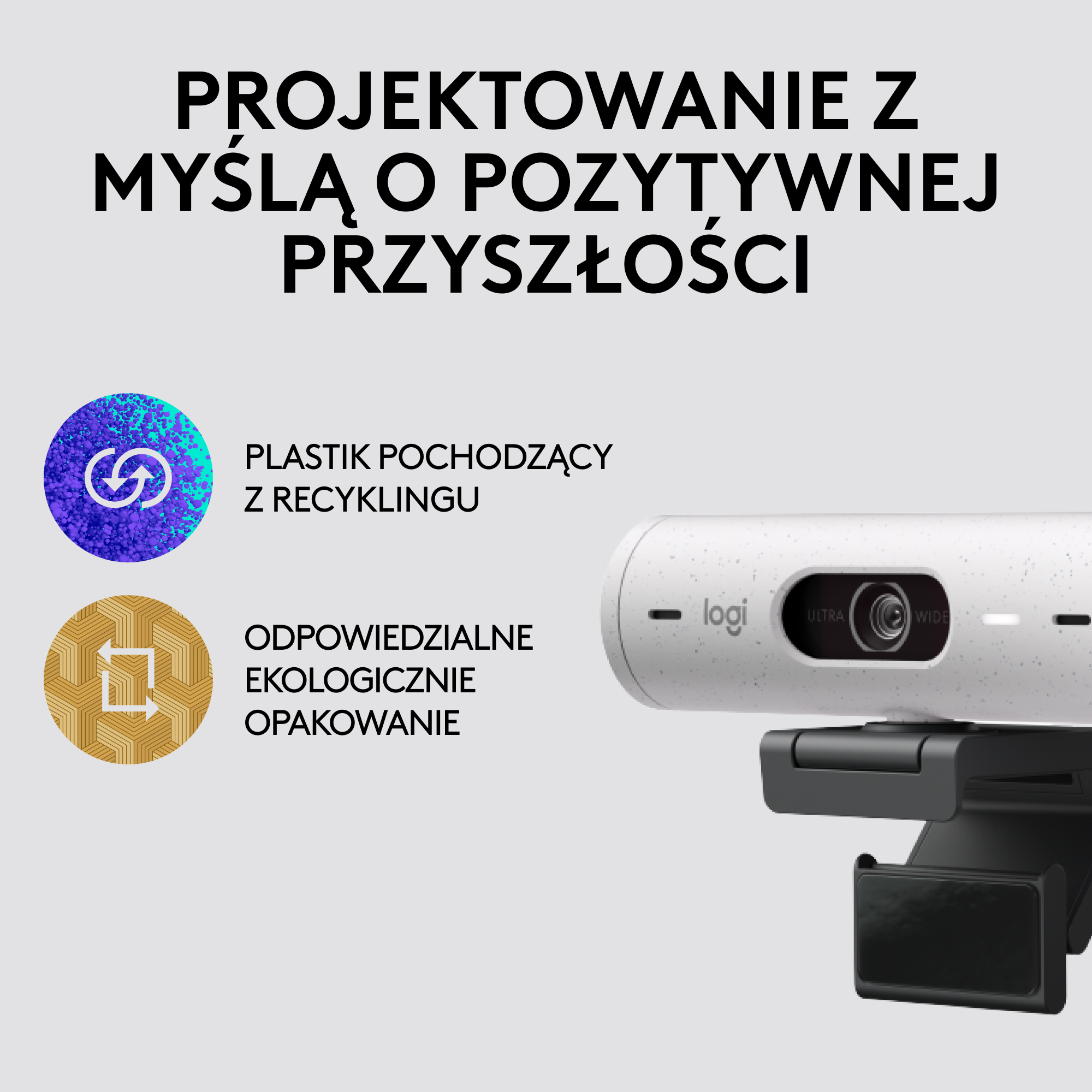 Kamera internetowa Logi z tekstem: 'Zaprojektowane z myślą o pozytywnej przyszłości'. Ikony recyklingu i eko-opakowań.