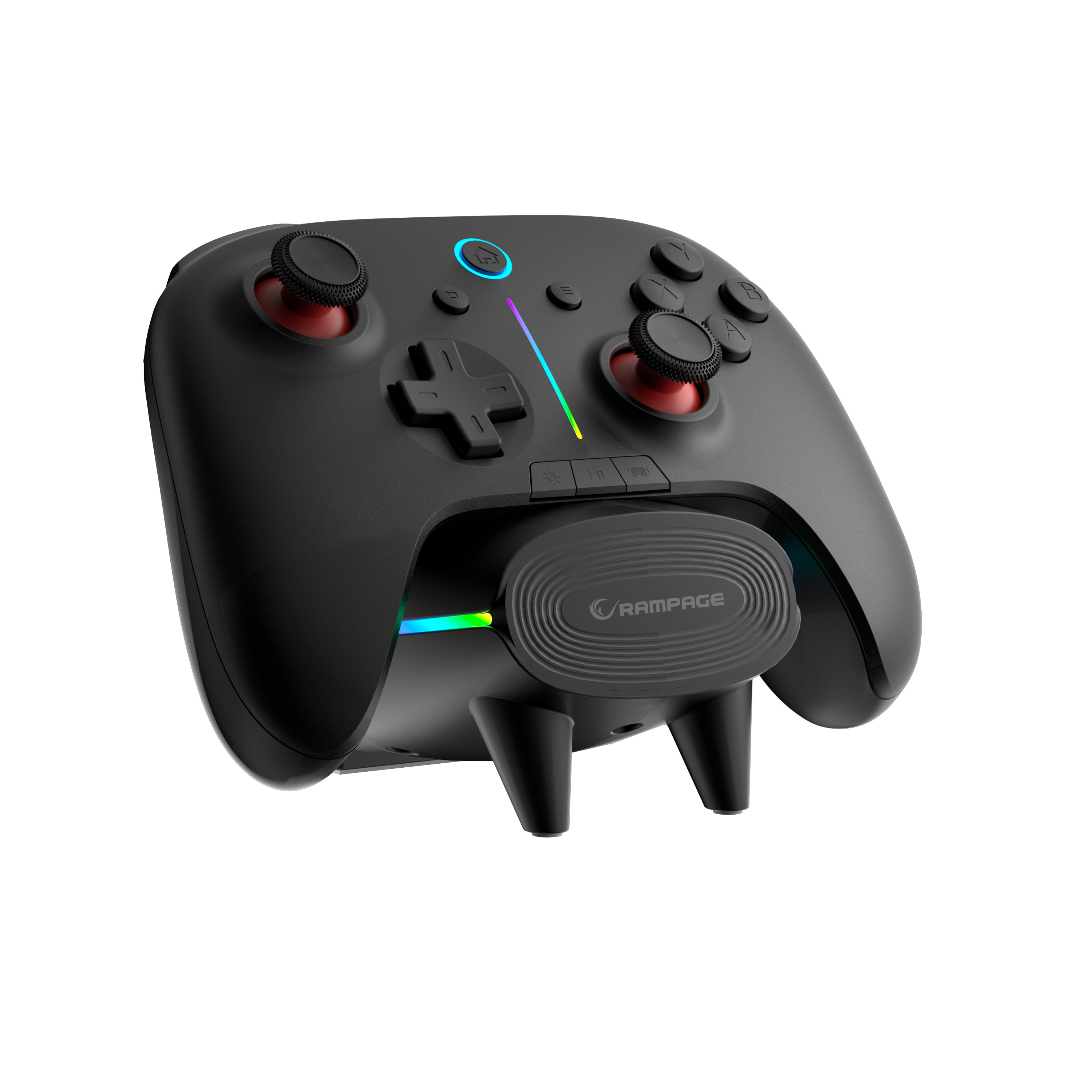 Kırmızı detaylara, düğmelere ve joysticklere sahip siyah oyun kumandası. Üç ayaklı siyah bir eklentisi var.