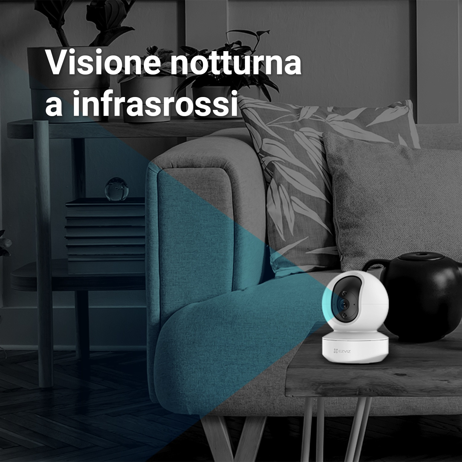 Telecamera di sicurezza su un tavolo. Visione notturna, con testo in italiano.