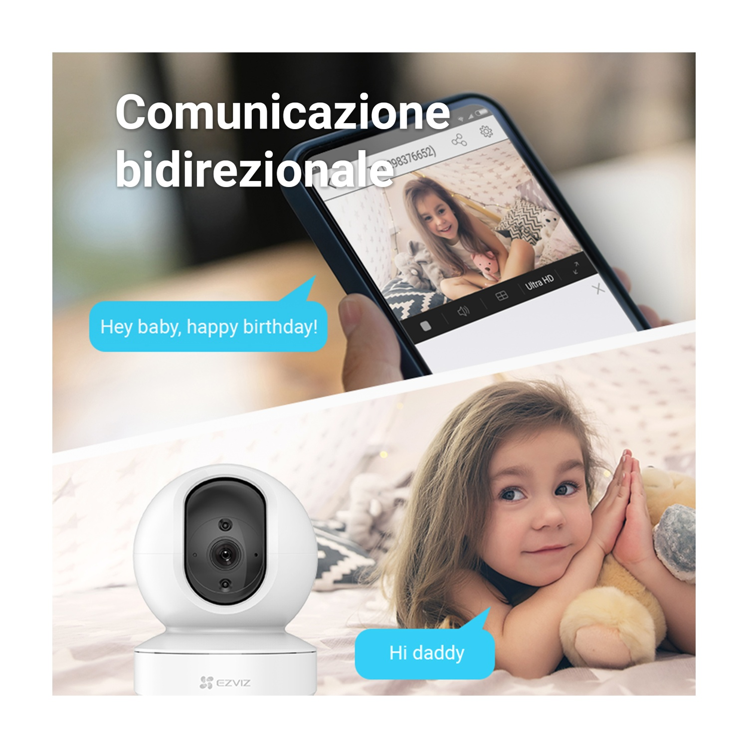 Un telefono mostra una videochiamata con una ragazza. Una telecamera mostra una ragazza e un giocattolo. Sono presenti fumetti.