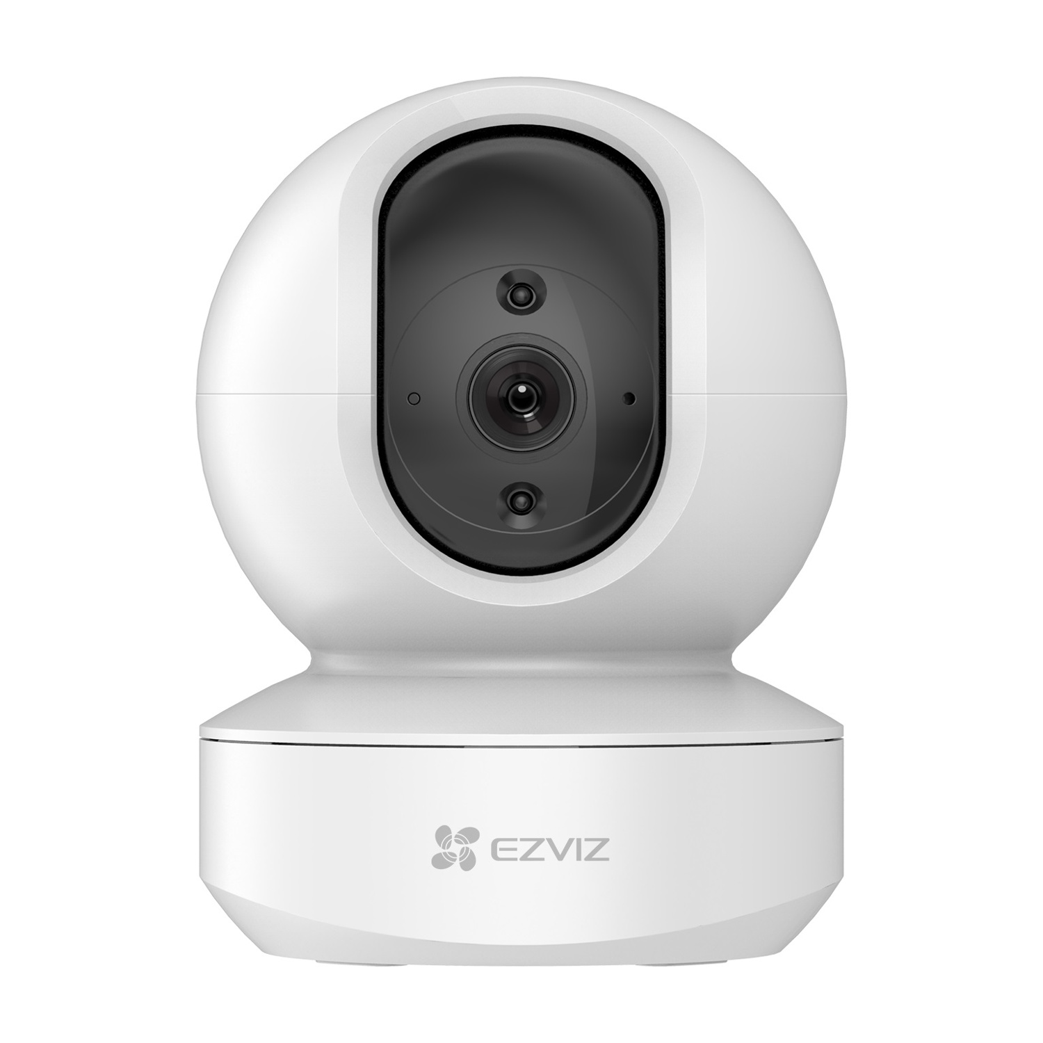 Telecamera di sicurezza bianca con parte superiore arrotondata e base cilindrica. L'obiettivo è scuro e centrato.