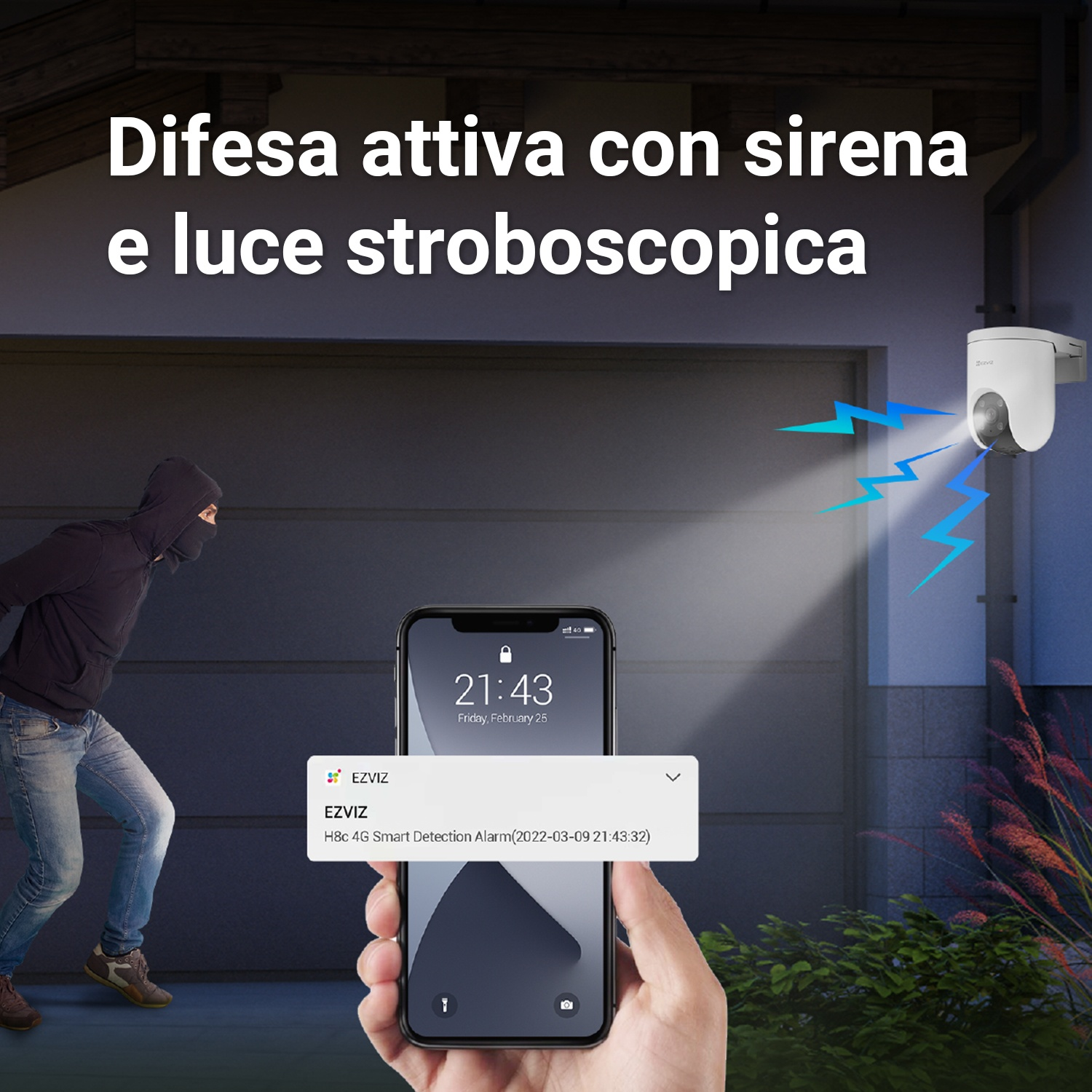 Un telefono mostra un allarme di sicurezza e una persona con cappuccio.