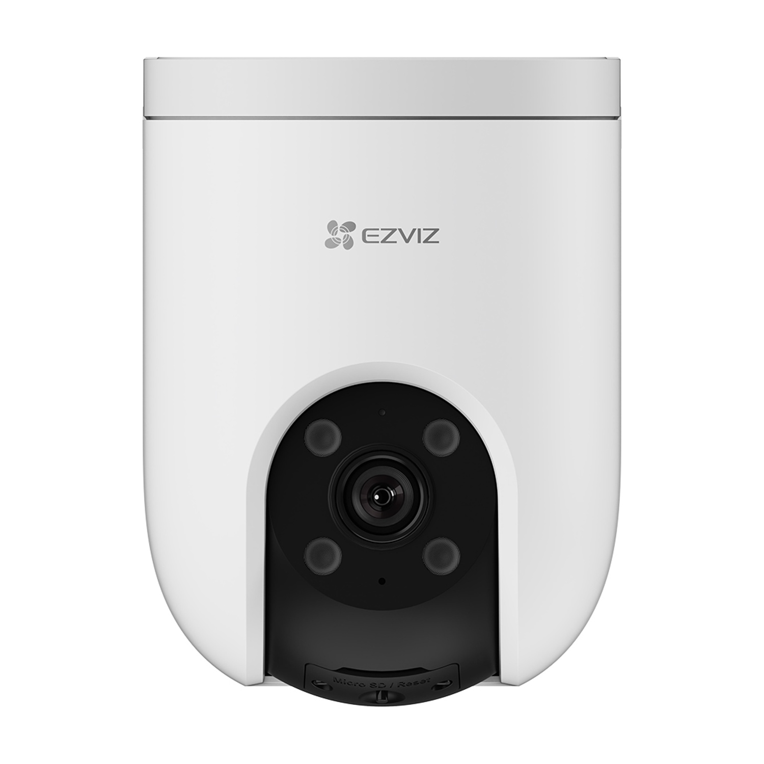 Telecamera di sicurezza bianca con obiettivo nero. Sfondo bianco.