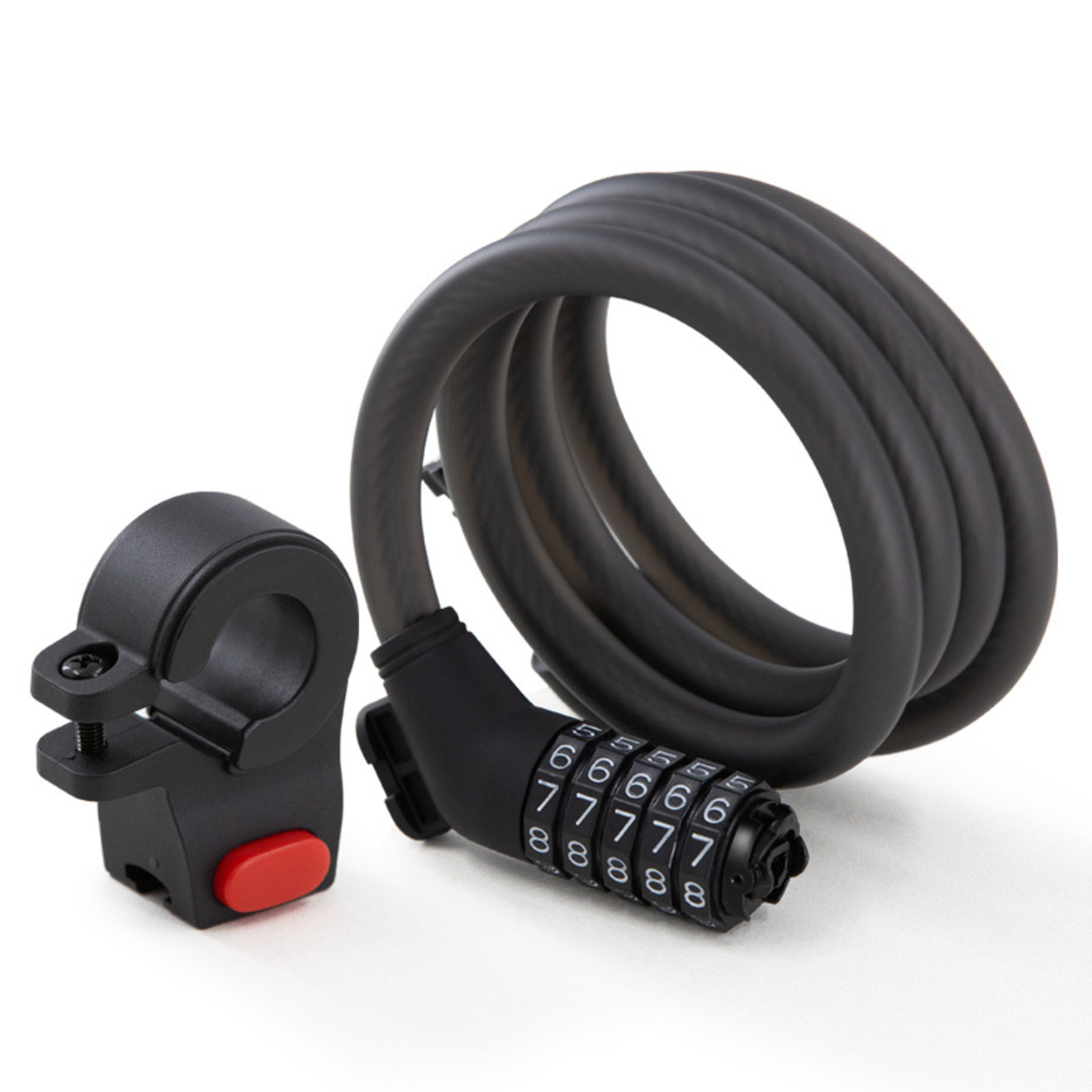 Zwart fietsslot met combinatiedraaiknop en een beugel met een rode knop.