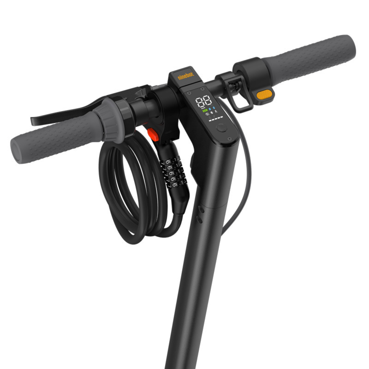 De bovenkant van een zwarte elektrische scooter met een slot. Inclusief het stuur, het display en de bediening.
