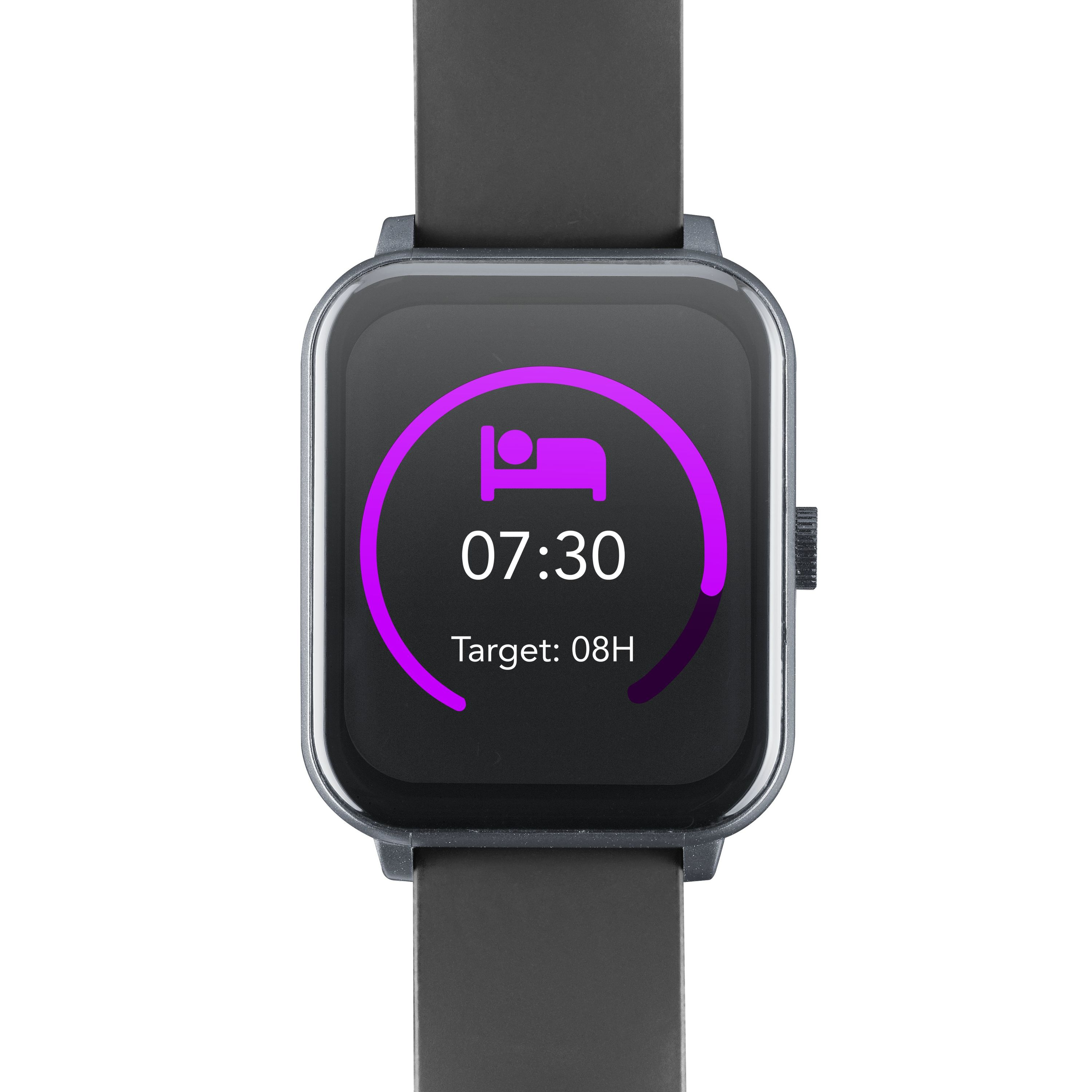 Smartwatch mit Schlaftracking-Oberfläche, die Zeit und einen Fortschrittsbalken anzeigt.