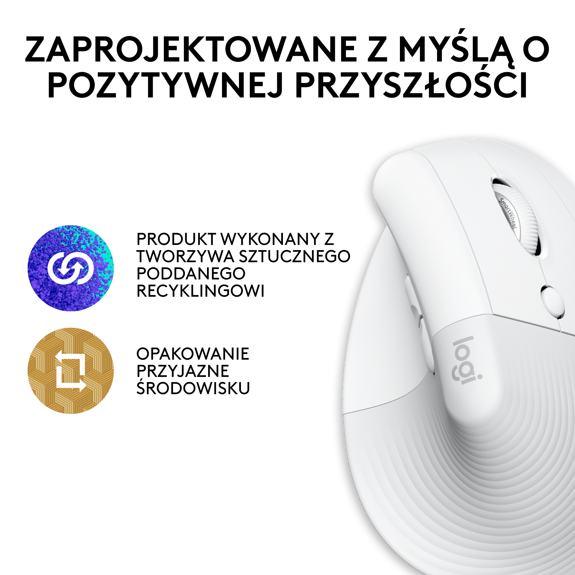 Biała mysz z szarymi akcentami. Tekst: 'PRODUKT WYKONANY Z TWORZYWA SZTUCZNEGO Z RECYKLINGU' i 'OPAKOWANIE PRZYJAZNE ŚRODOWISKU'.