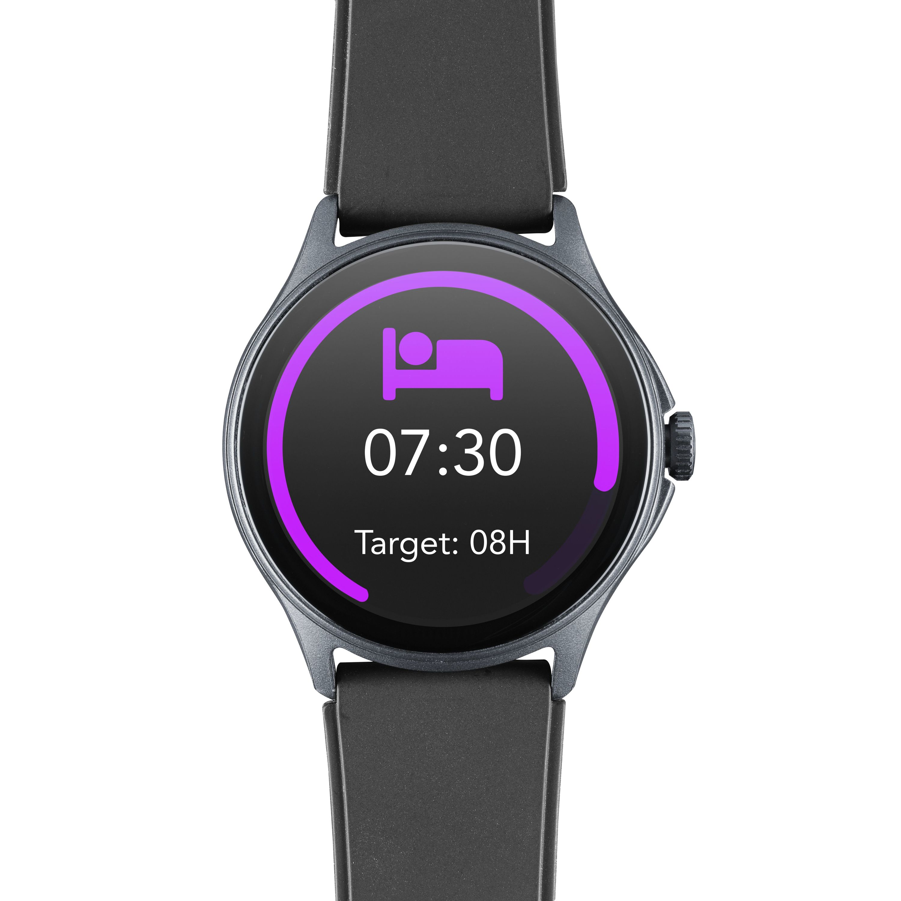 Eine schwarze Smartwatch zeigt Zeit und ein Schlafsymbol.